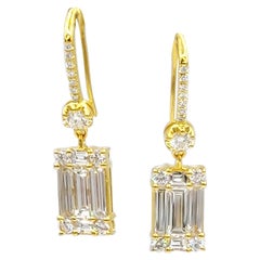 3.3 Carat Baguette Rare White Colourless Diamond 18K Yellow Gold Hook Earrings