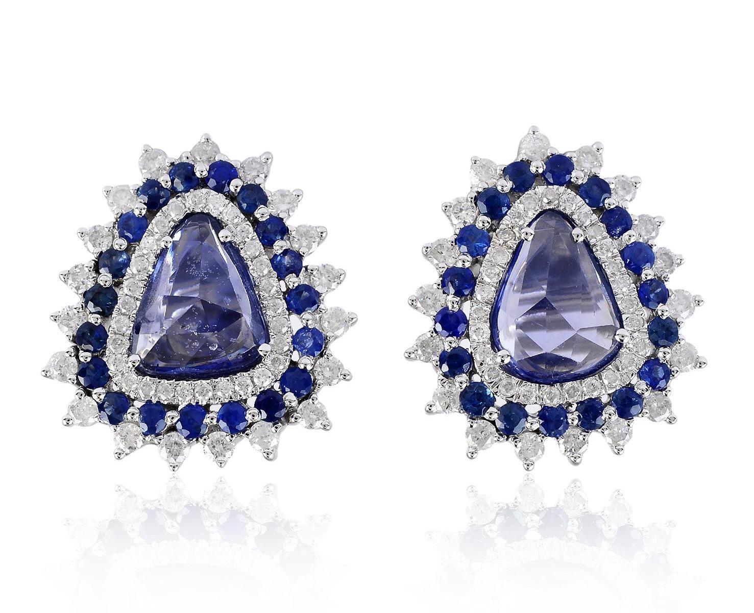 Rose Cut 3.3 Carat Blue Sapphire Diamond 18 Karat Stud Earrings For Sale