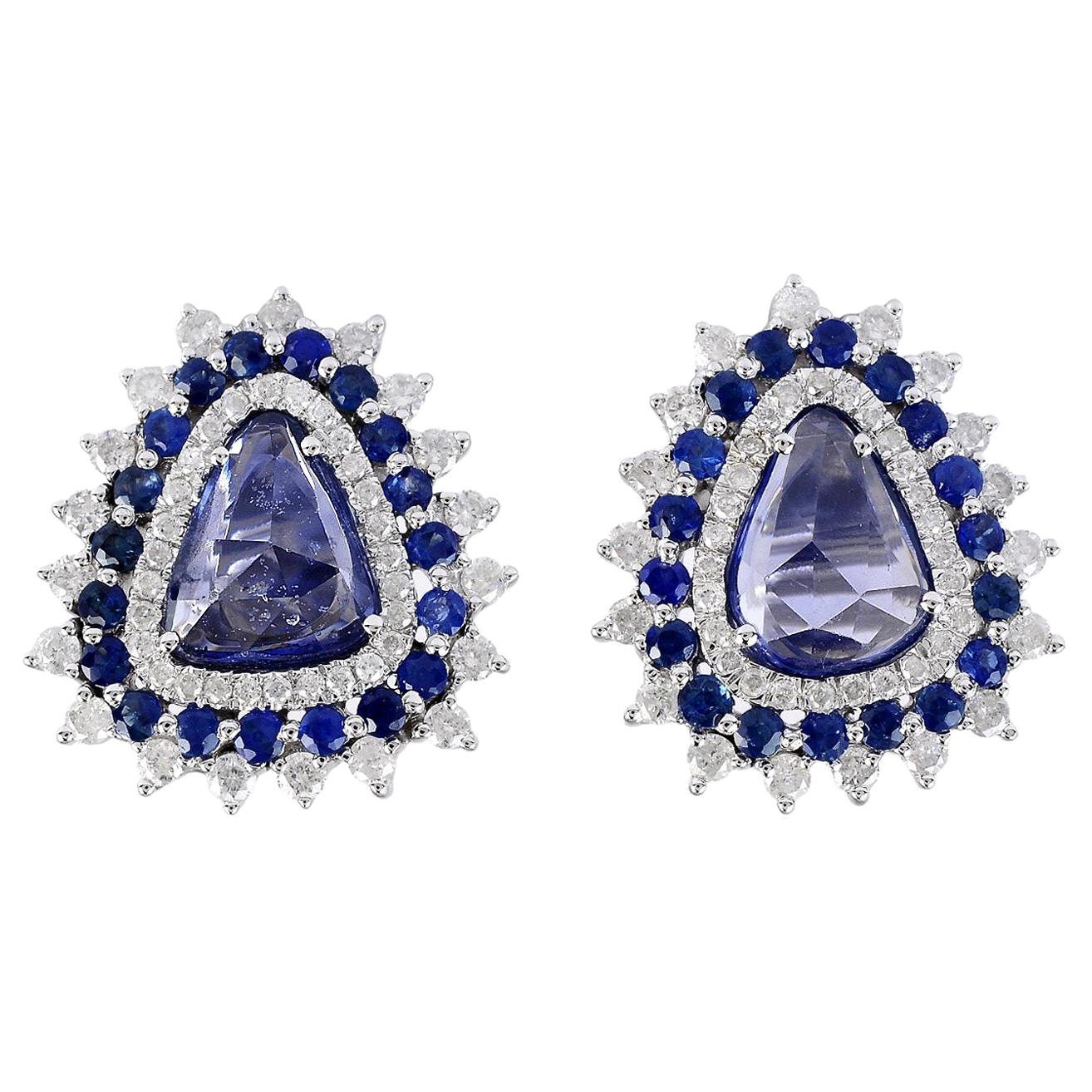 3.3 Carat Blue Sapphire Diamond 18 Karat Stud Earrings For Sale