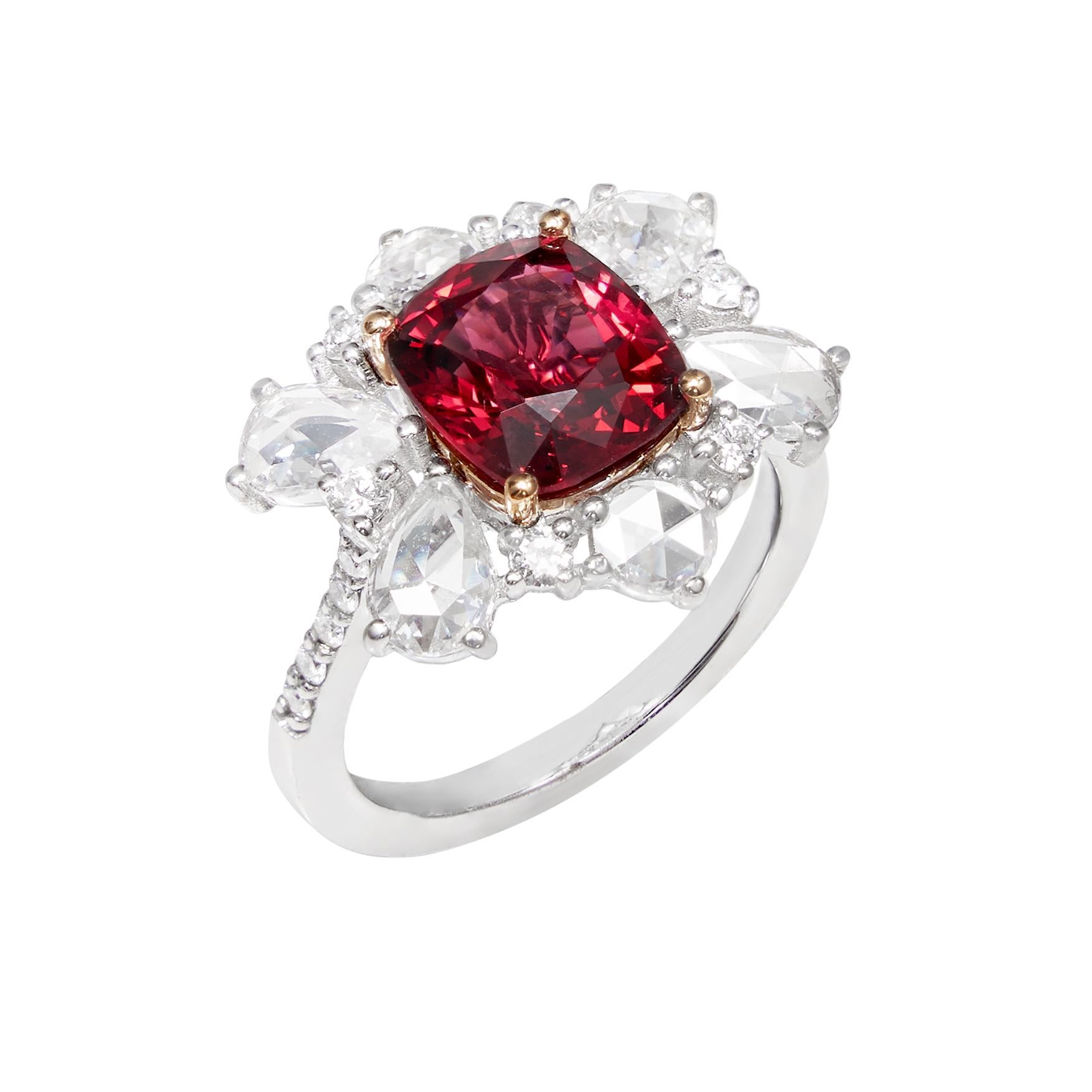 Contemporary 3.3 Carat Burmese Red Spinel Ring with Diamond in 18 Karat White & Yellow Gold For Sale