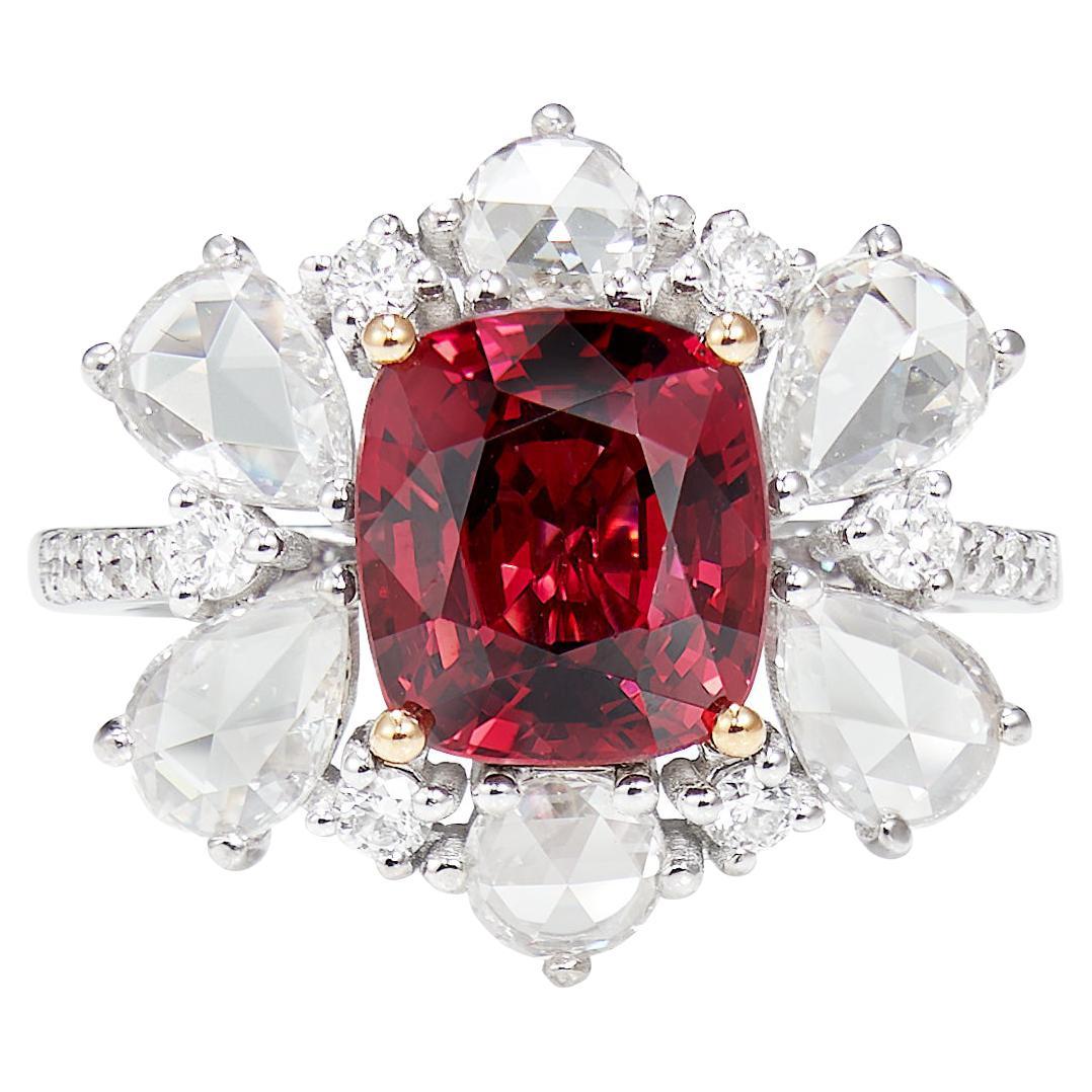 3.3 Carat Burmese Red Spinel Ring with Diamond in 18 Karat White & Yellow Gold For Sale