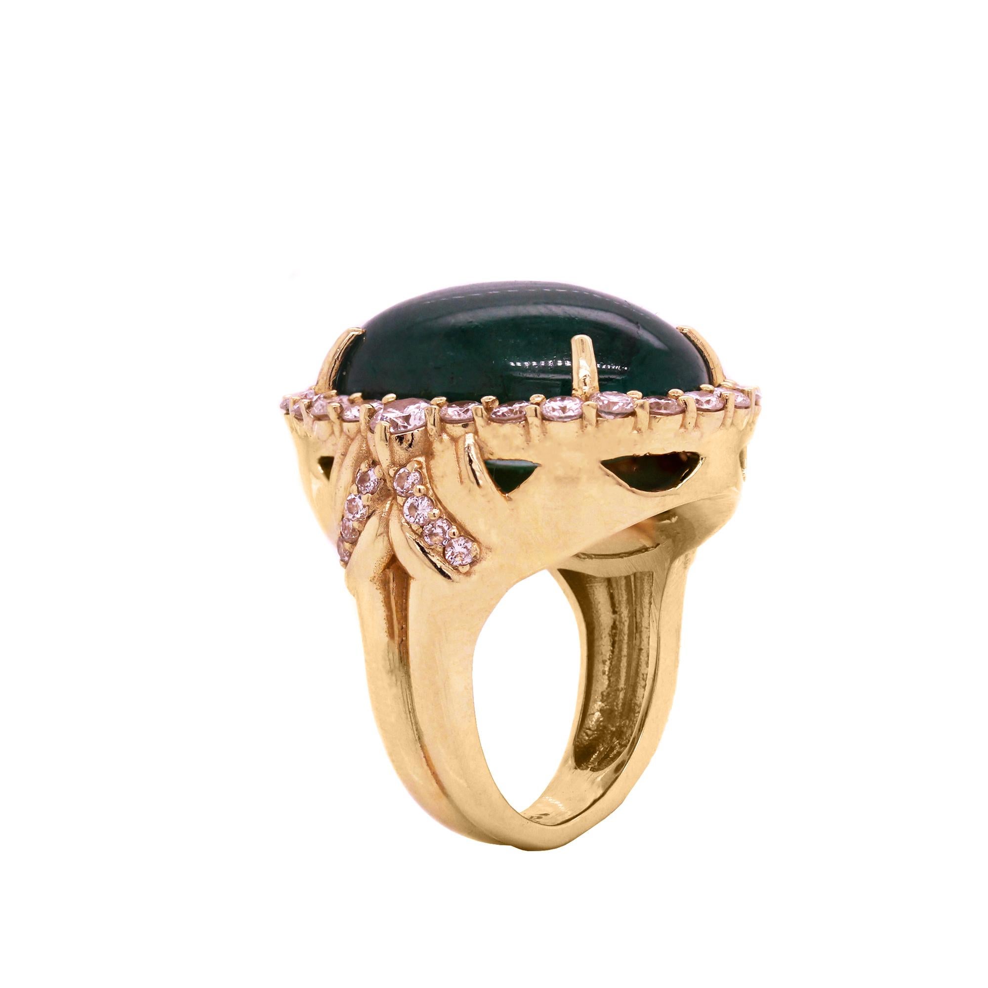 Contemporary 33 Carat Cabochon Oval Colombian Emerald 18K Yellow Gold Diamond Cocktail Ring
