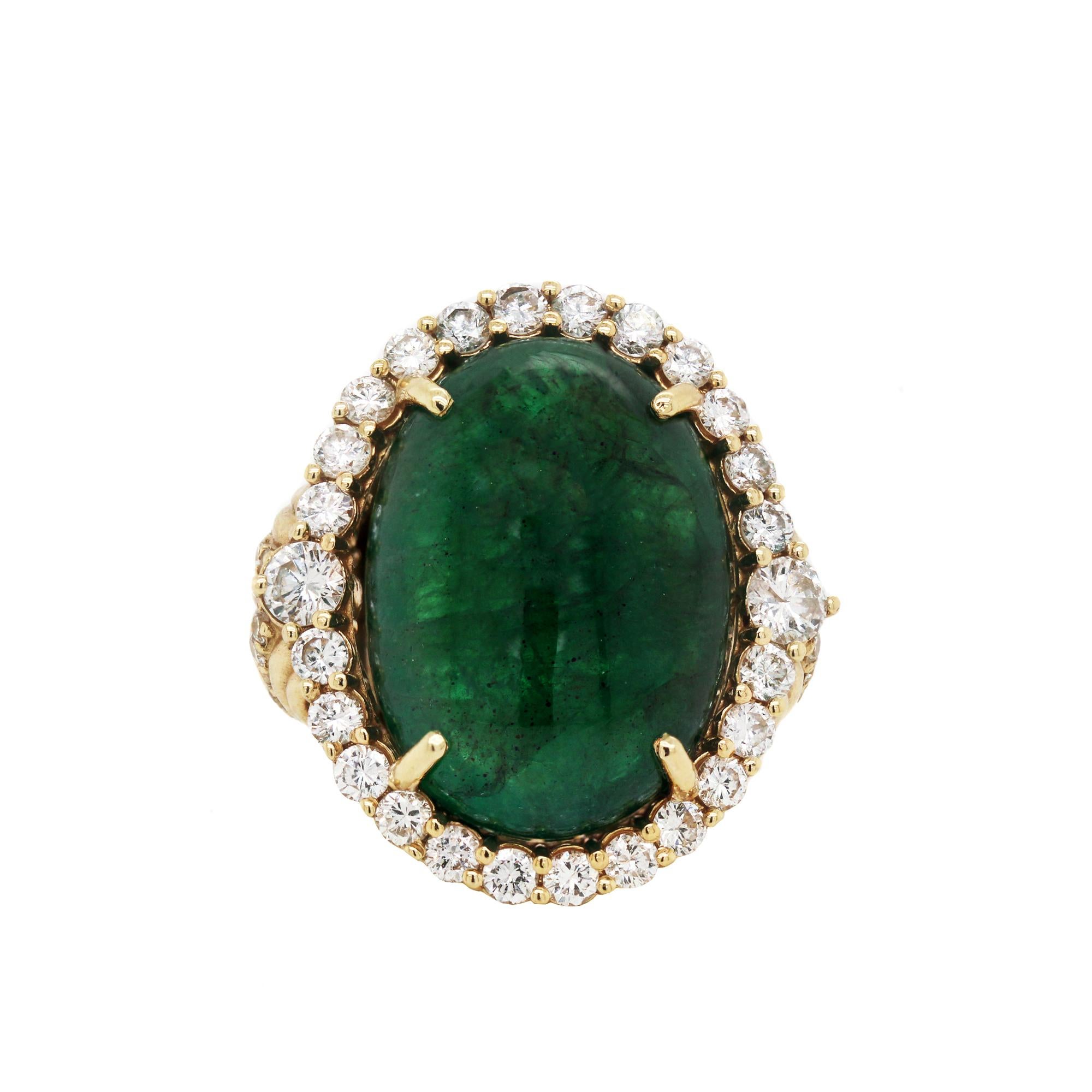 33 Carat Cabochon Oval Colombian Emerald 18K Yellow Gold Diamond Cocktail Ring In Excellent Condition In Boca Raton, FL