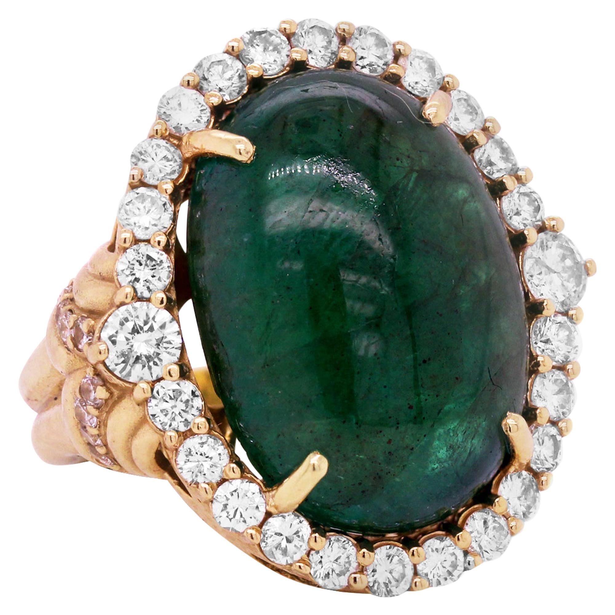 33 Carat Cabochon Oval Colombian Emerald 18K Yellow Gold Diamond Cocktail Ring