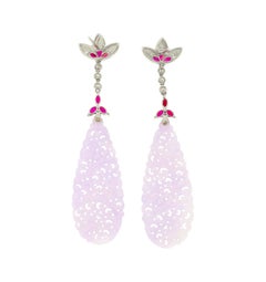 33 Carat Carved Lavender Jadeite Jade Drop Earrings With Rubies & Diamonds