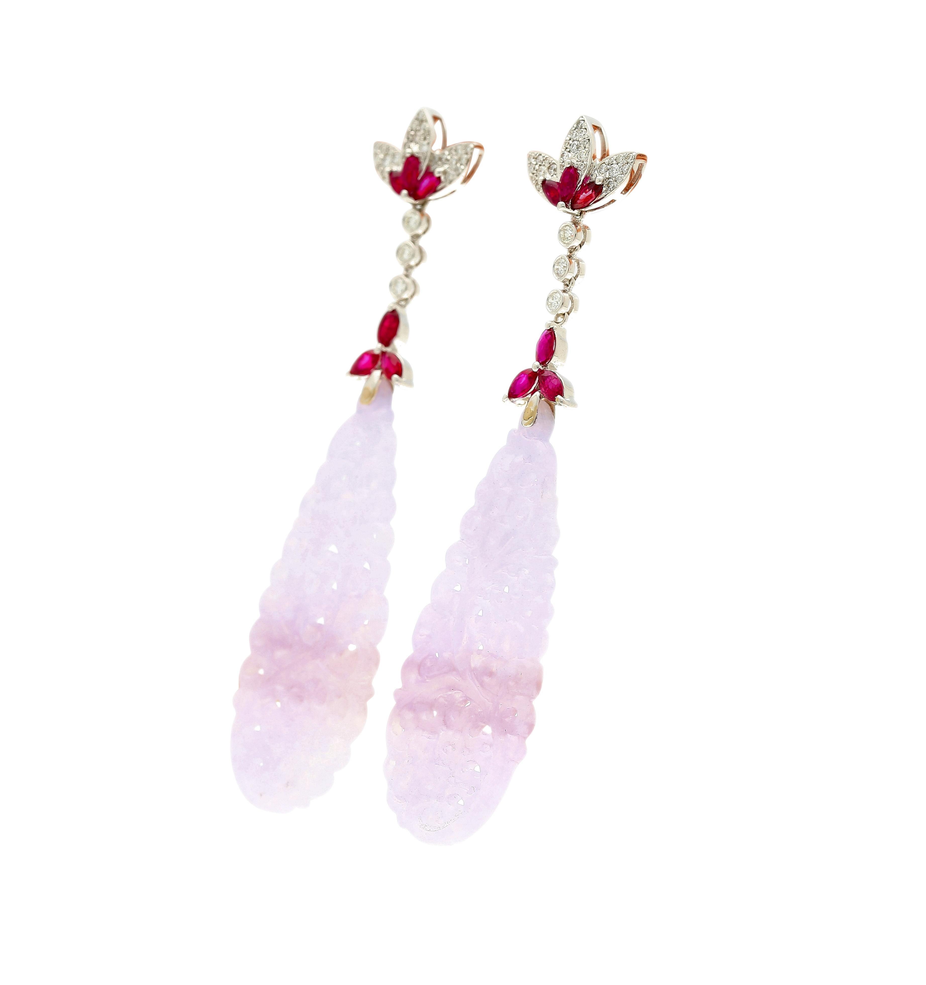 Contemporary 33 Carat Carved Lavender Jadeite Jade Drop Earrings With Rubies & Diamonds For Sale