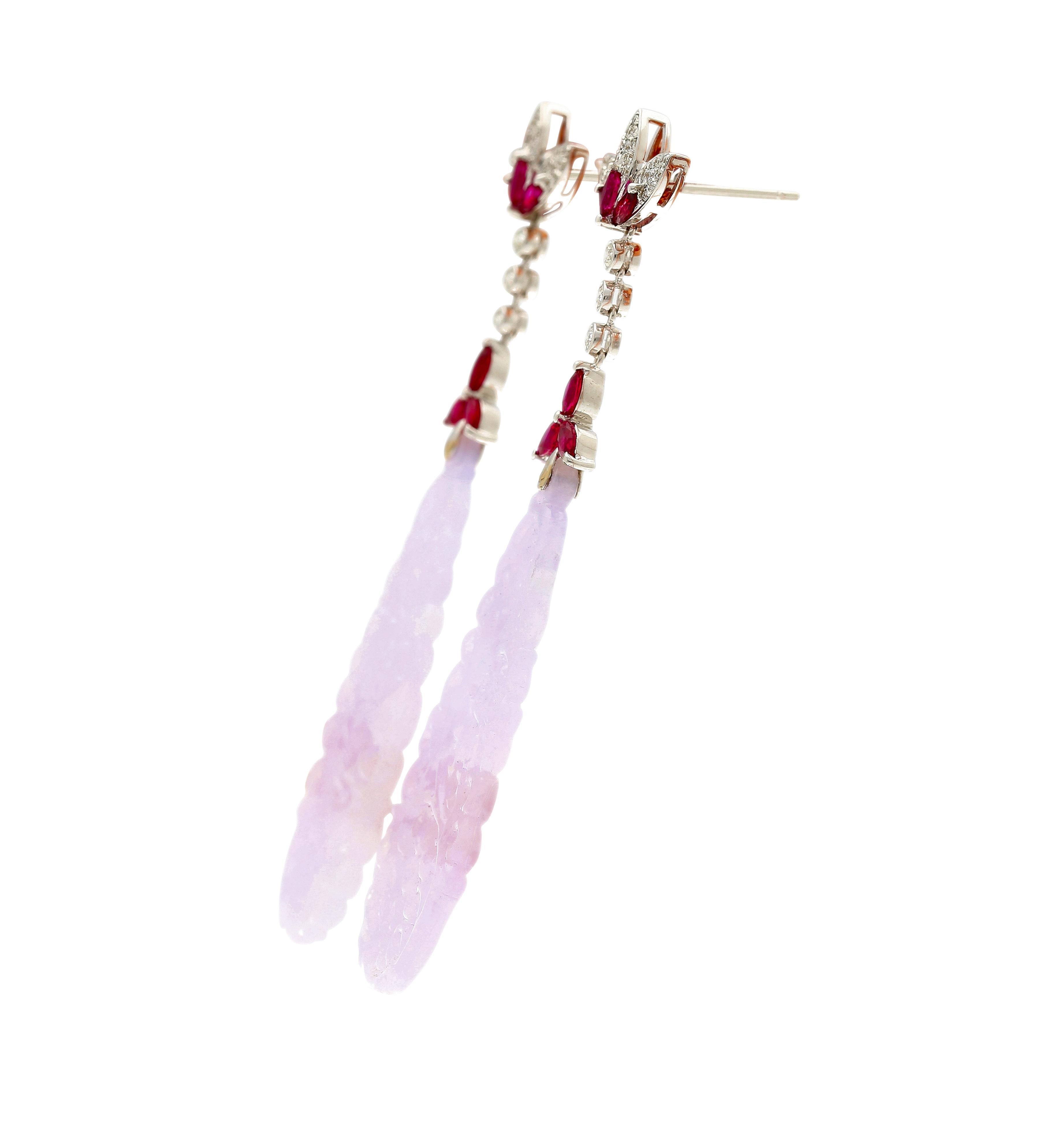 Marquise Cut 33 Carat Carved Lavender Jadeite Jade Drop Earrings With Rubies & Diamonds For Sale