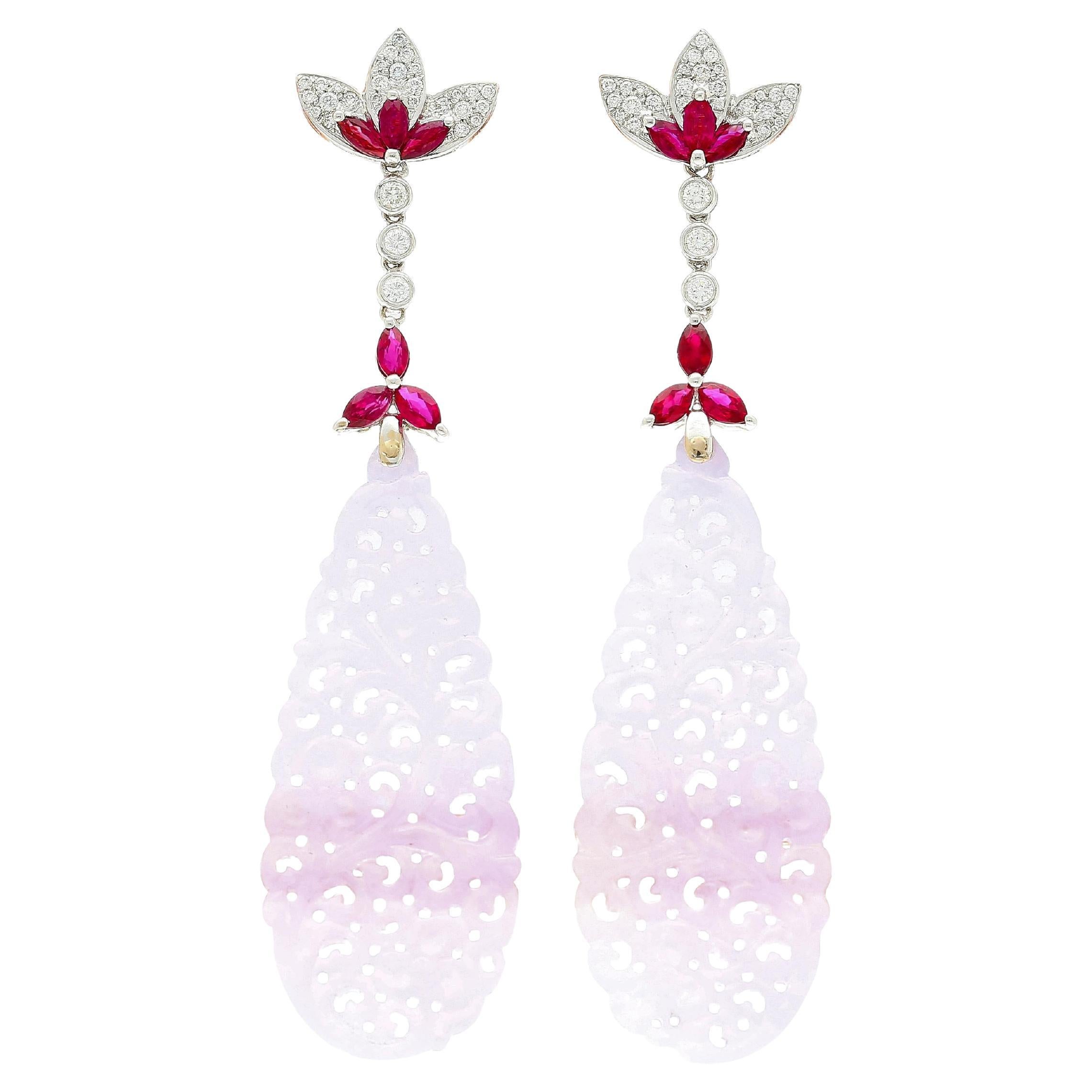 33 Carat Carved Lavender Jadeite Jade Drop Earrings With Rubies & Diamonds For Sale