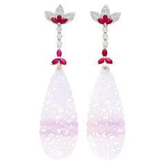33 Carat Carved Lavender Jadeite Jade Drop Earrings With Rubies & Diamonds