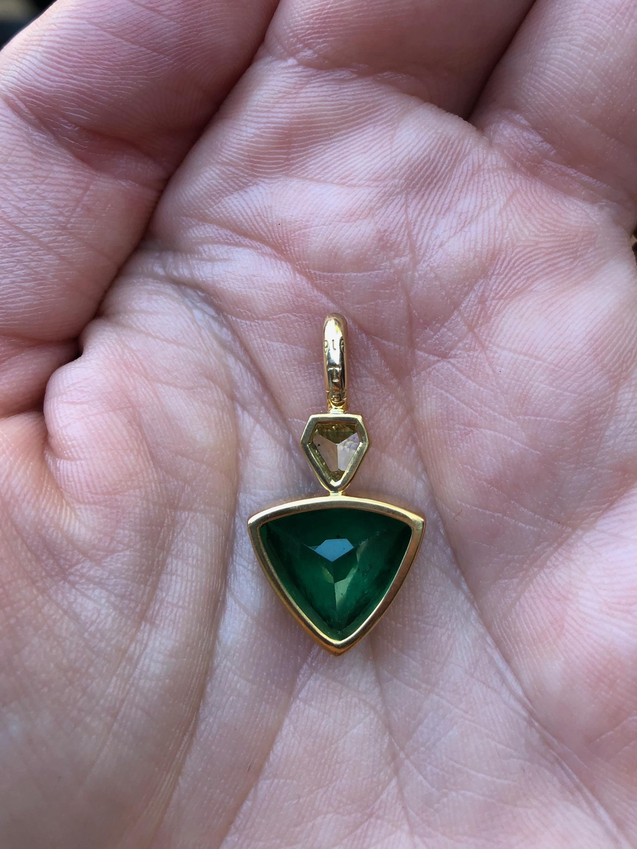 Trillion Cut 3.3 Carat Colombian Muzo Emerald and Fancy Yellow Diamond Pendant For Sale