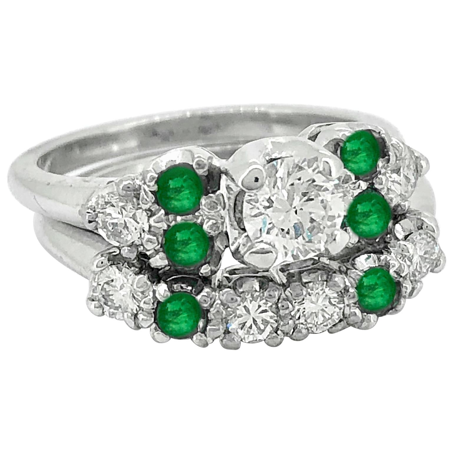 .33 Carat Diamond and Emerald Vintage Wedding Set White Gold For Sale
