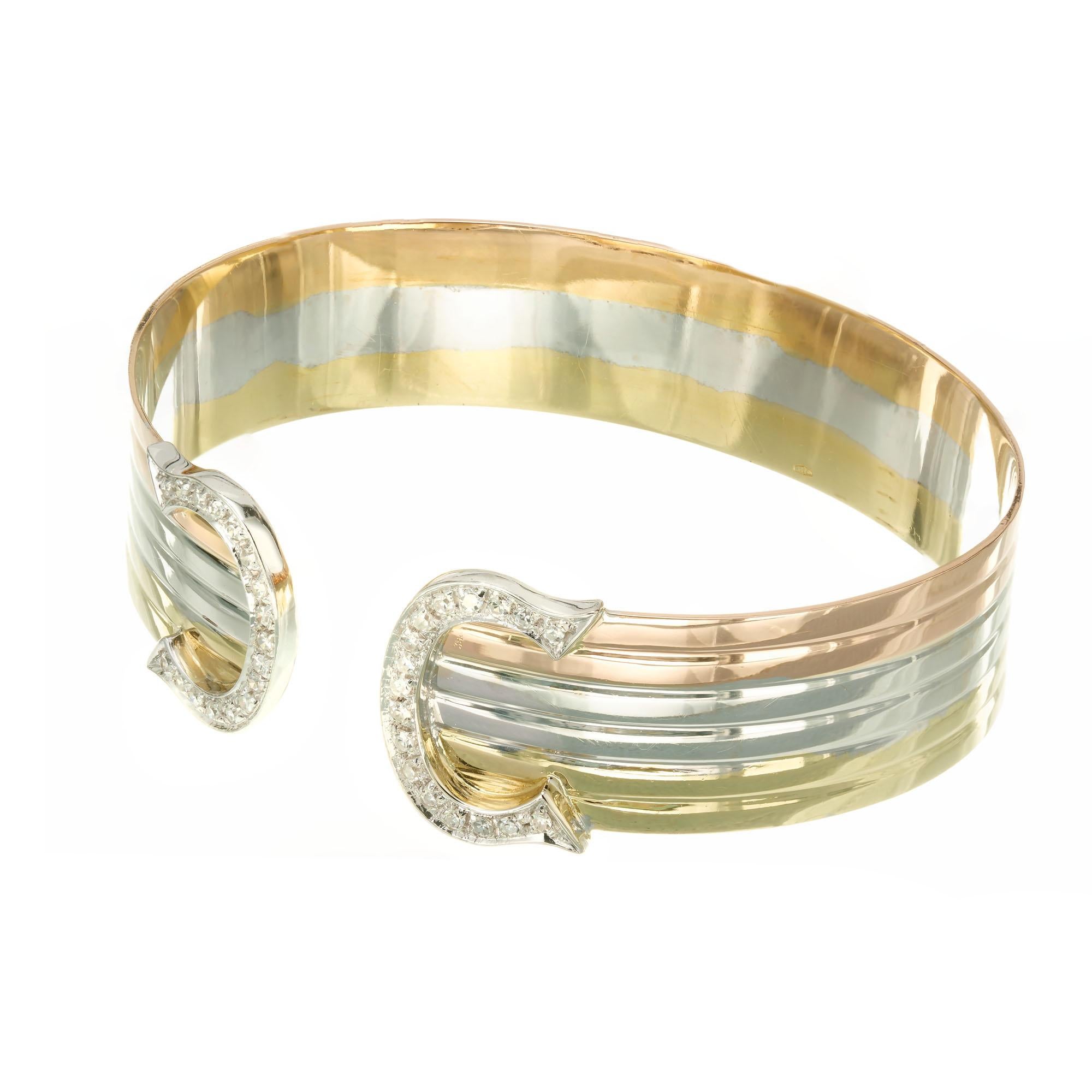 Diamond and Tri-color gold slip on cuff bracelet. 18k yellow, rose and white gold cuff with double  