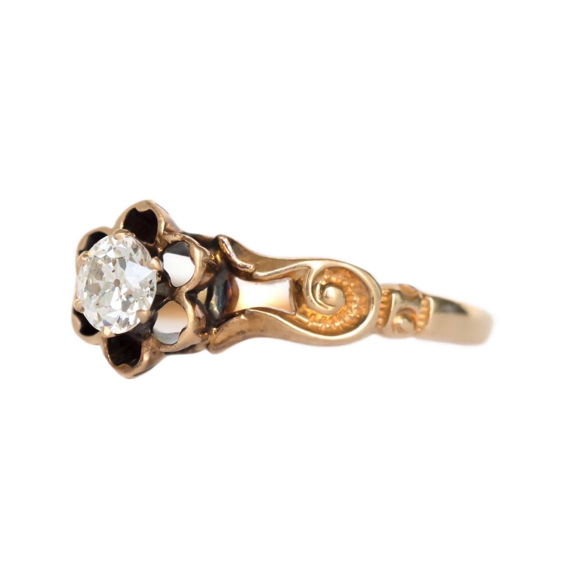 Item Details: 
Ring Size: 6.5
Metal Type: 9 Karat Yellow Gold
Weight: 2.7 grams

Center Diamond Details:
Shape: Old European Brilliant 
Carat Weight: .33 carat
Color: J
Clarity: VS

Finger to Top of Stone Measurement: 5.8mm