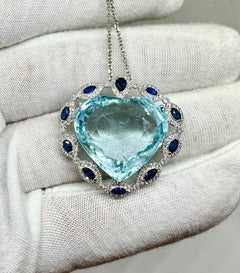 33 Carat Heart Cut Aquamarine Sapphire Diamond Platinum Pendant Necklace Antique