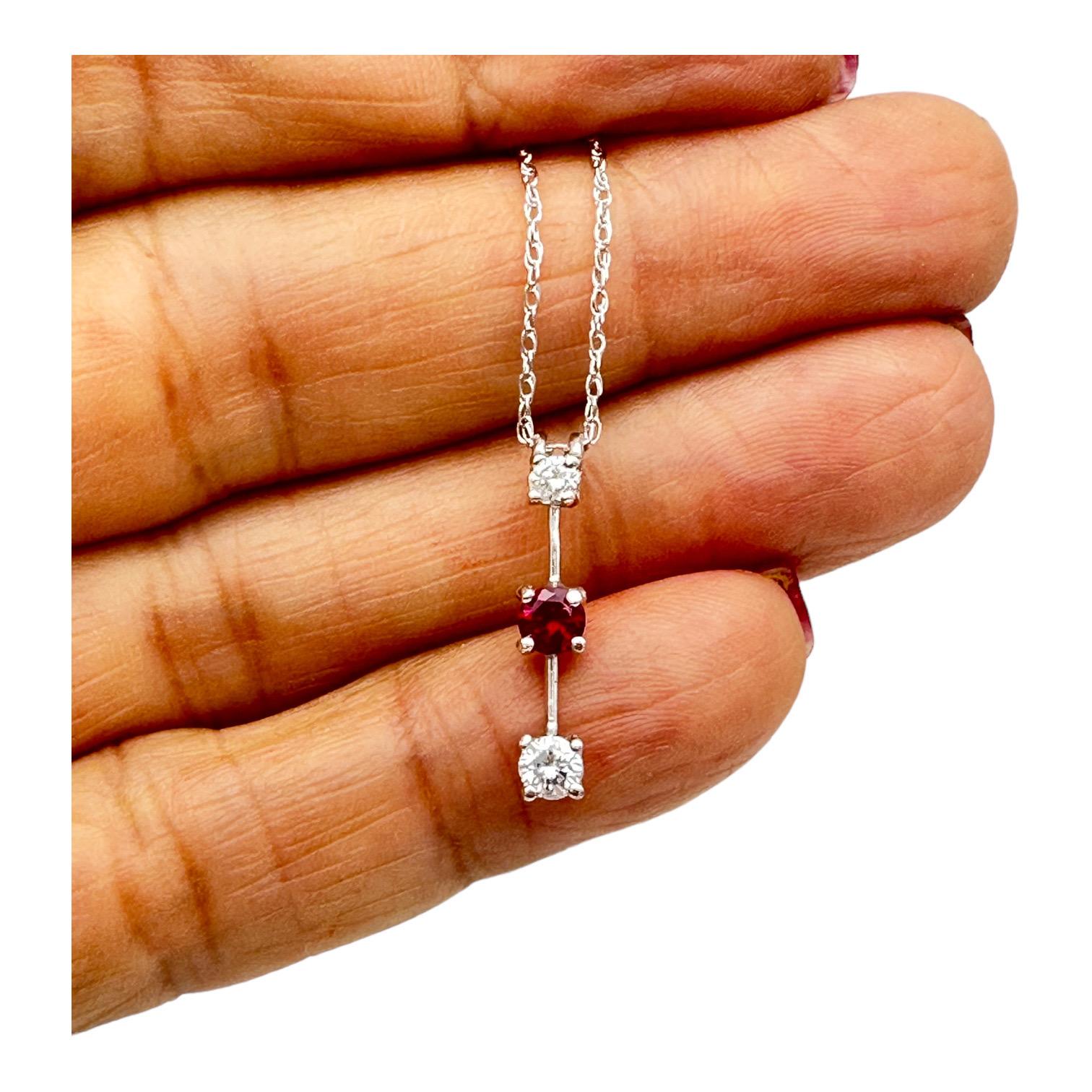 Contemporary .33 Carat Journey Ruby and Diamond Three Stone Pendant 14Kt White Gold  For Sale