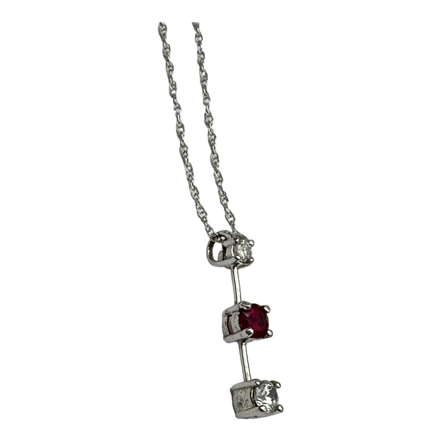Round Cut .33 Carat Journey Ruby and Diamond Three Stone Pendant 14Kt White Gold  For Sale