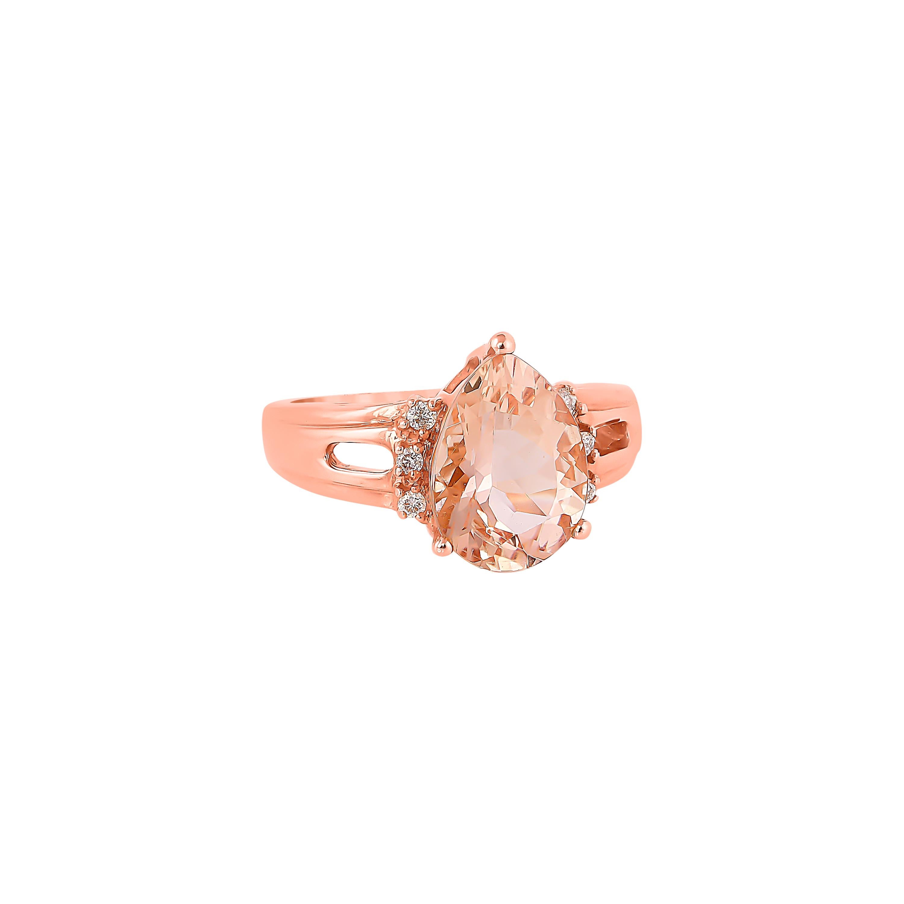 This collection features an array of magnificent morganites! Accented with diamonds these rings are made in rose gold and present a classic yet elegant look. 

Classic morganite ring in 18K rose gold with diamonds. 

Morganite: 3.35 carat pear