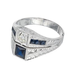 .33 Carat Old European Diamond Blue Sapphire White Gold Art Deco Men's Ring