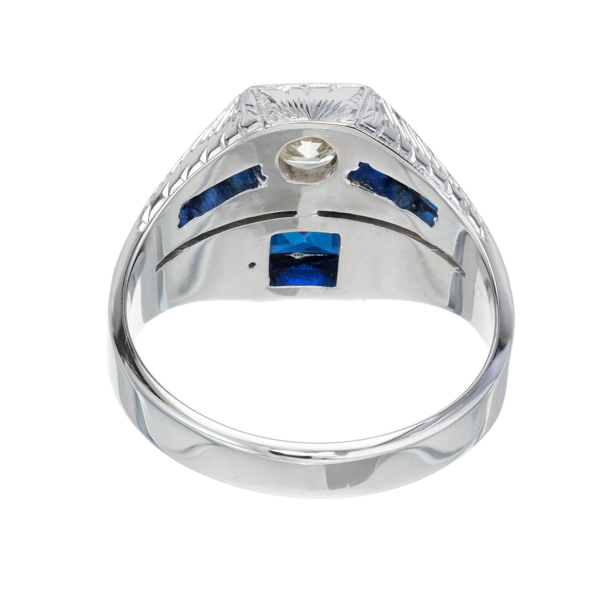 Old European Cut .33 Carat Old European Diamond Blue Sapphire White Gold Art Deco Men's Ring For Sale