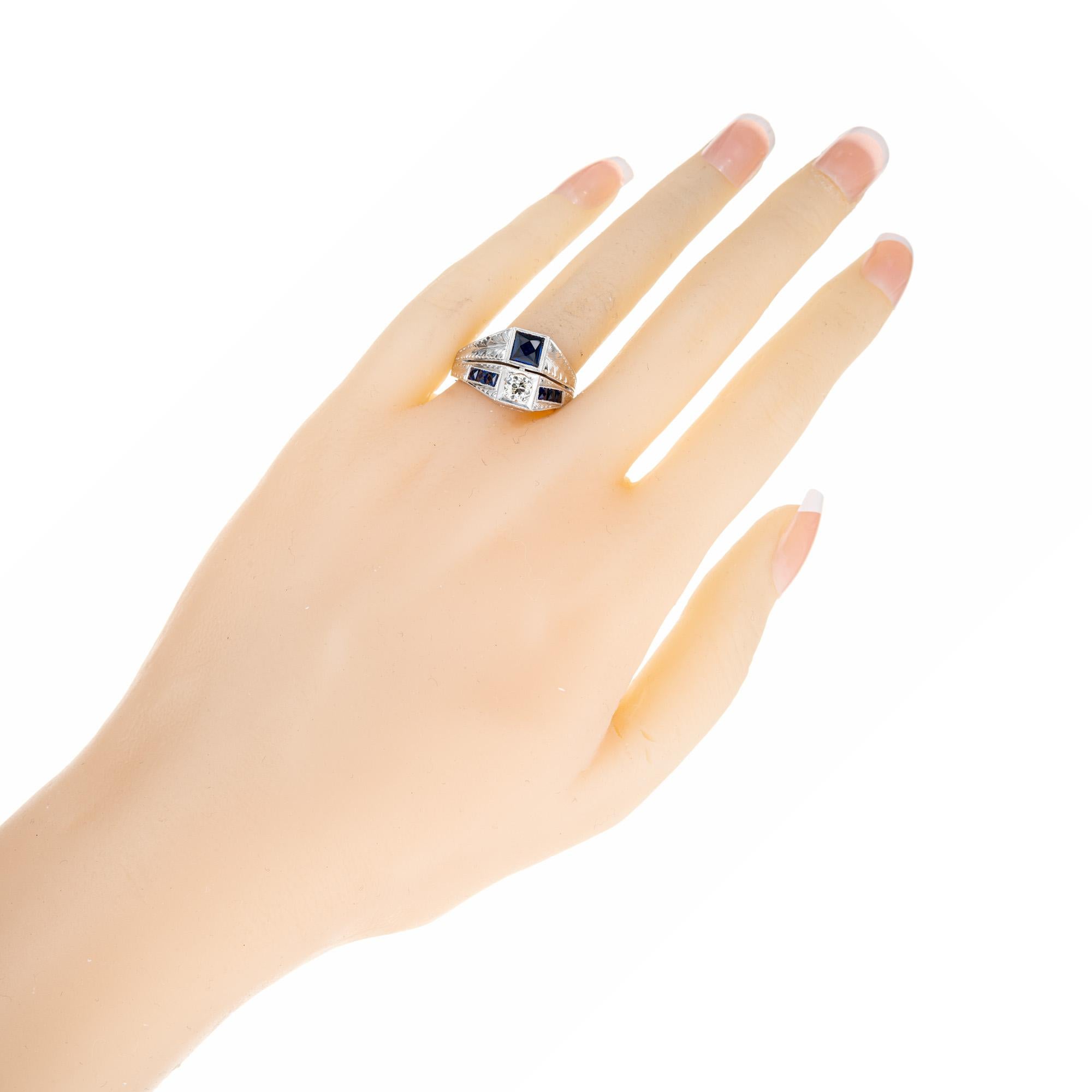 Women's .33 Carat Old European Diamond Blue Sapphire White Gold Art Deco Men's Ring For Sale