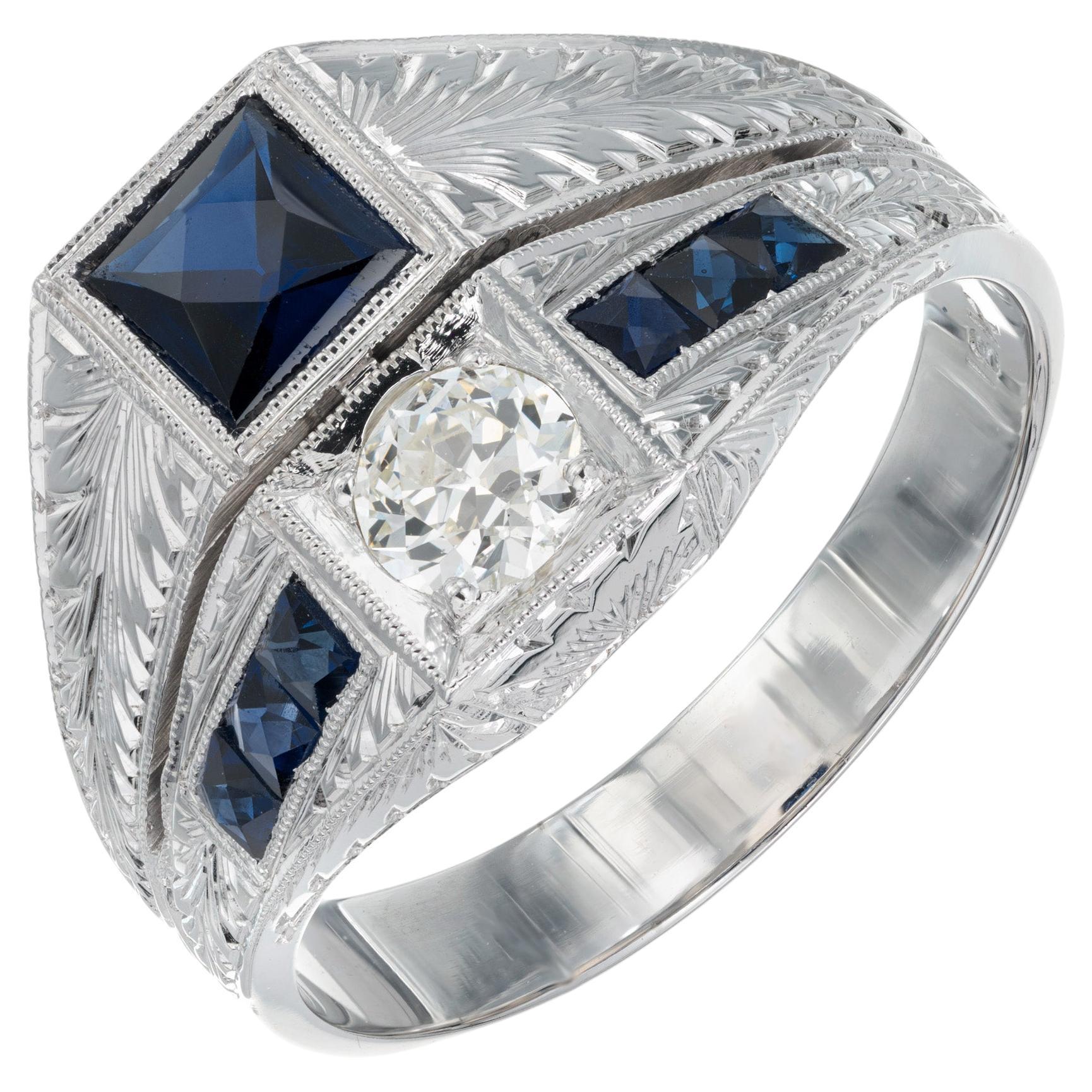 .33 Carat Old European Diamond Blue Sapphire White Gold Art Deco Men's Ring
