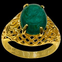 3.3 Carat Oval Emerald Cabochon 14 Karat Yellow Gold Cocktail Ring Vintage
