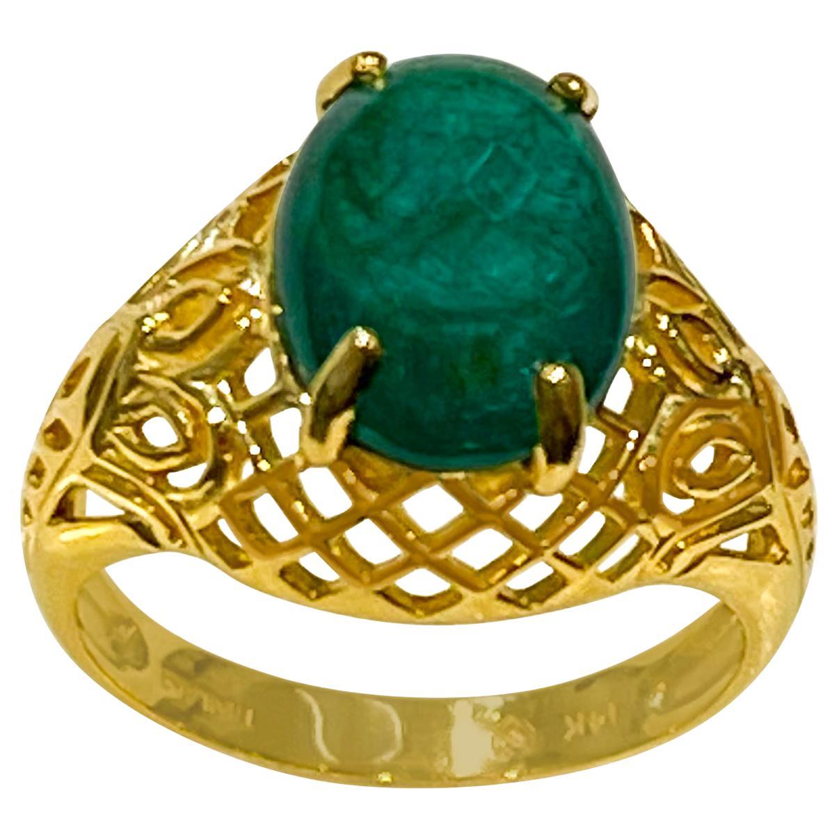 3.3 Carat Oval Emerald Cabochon 14 Karat Yellow Gold Cocktail Ring Vintage For Sale