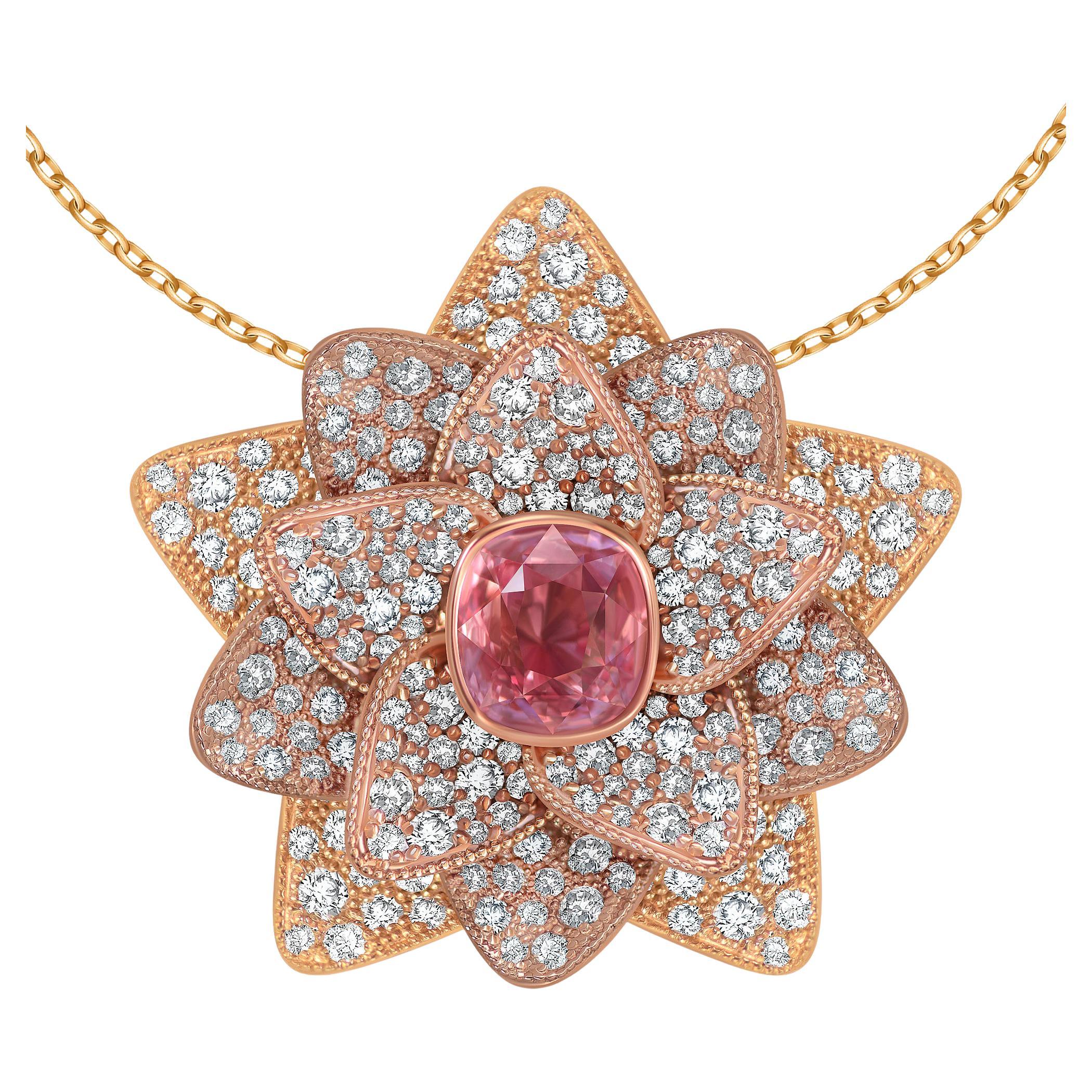 3.3 Carat Padparadscha Sapphire Diamonds 18 Karat Rose Gold Lotus Pendant by D&A For Sale