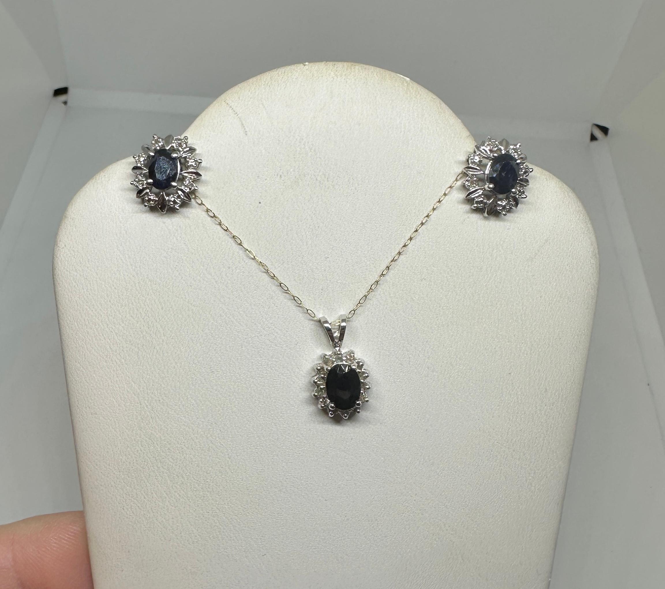 3.3 Carat Sapphire Diamond Earrings And Pendant Necklace Set 14 Karat White Gold For Sale 5