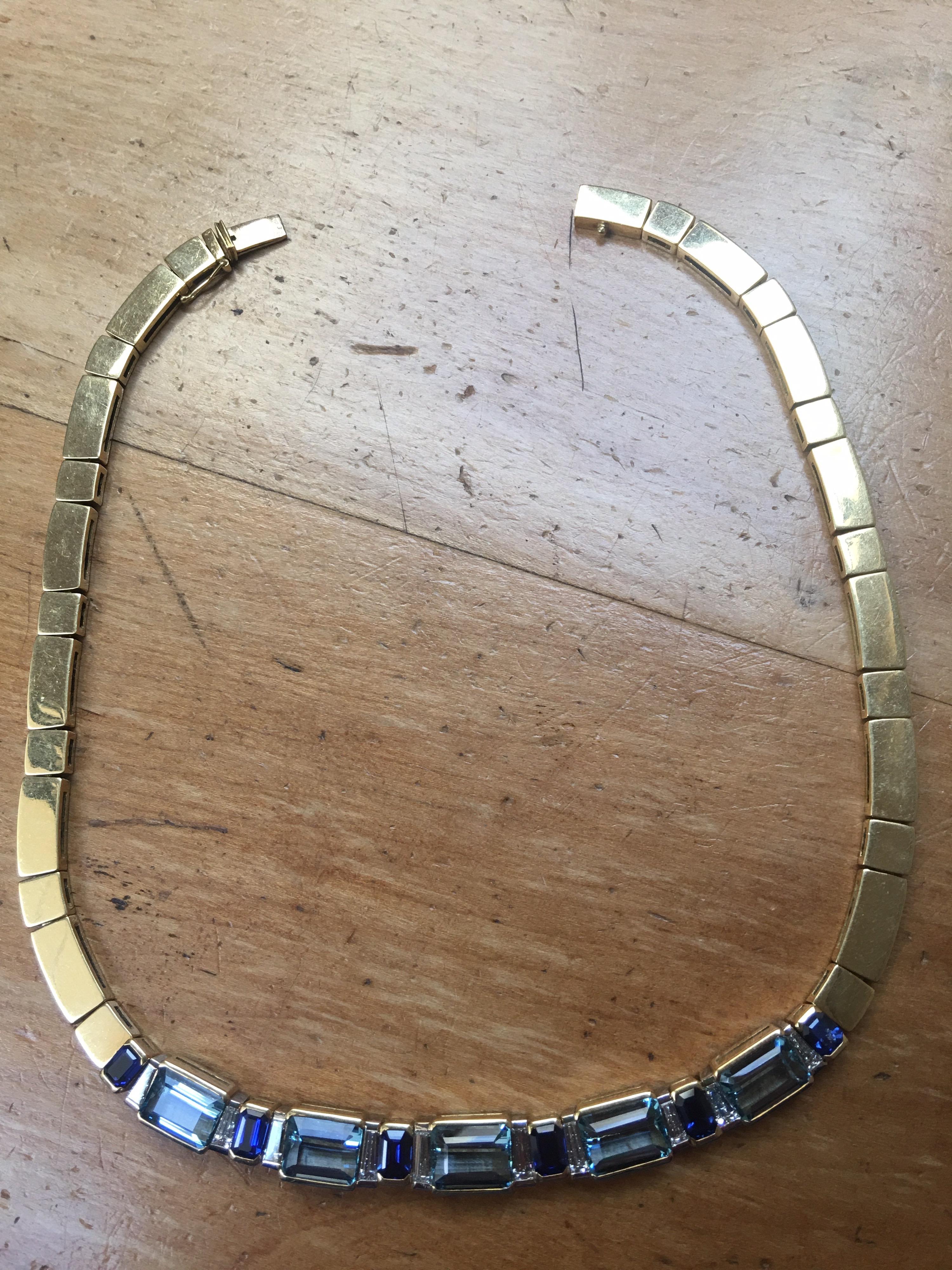 33 Karat insgesamt Aquamarin Saphir Diamant Halskette 1970 in 18 Karat Gelbgold im Angebot 4