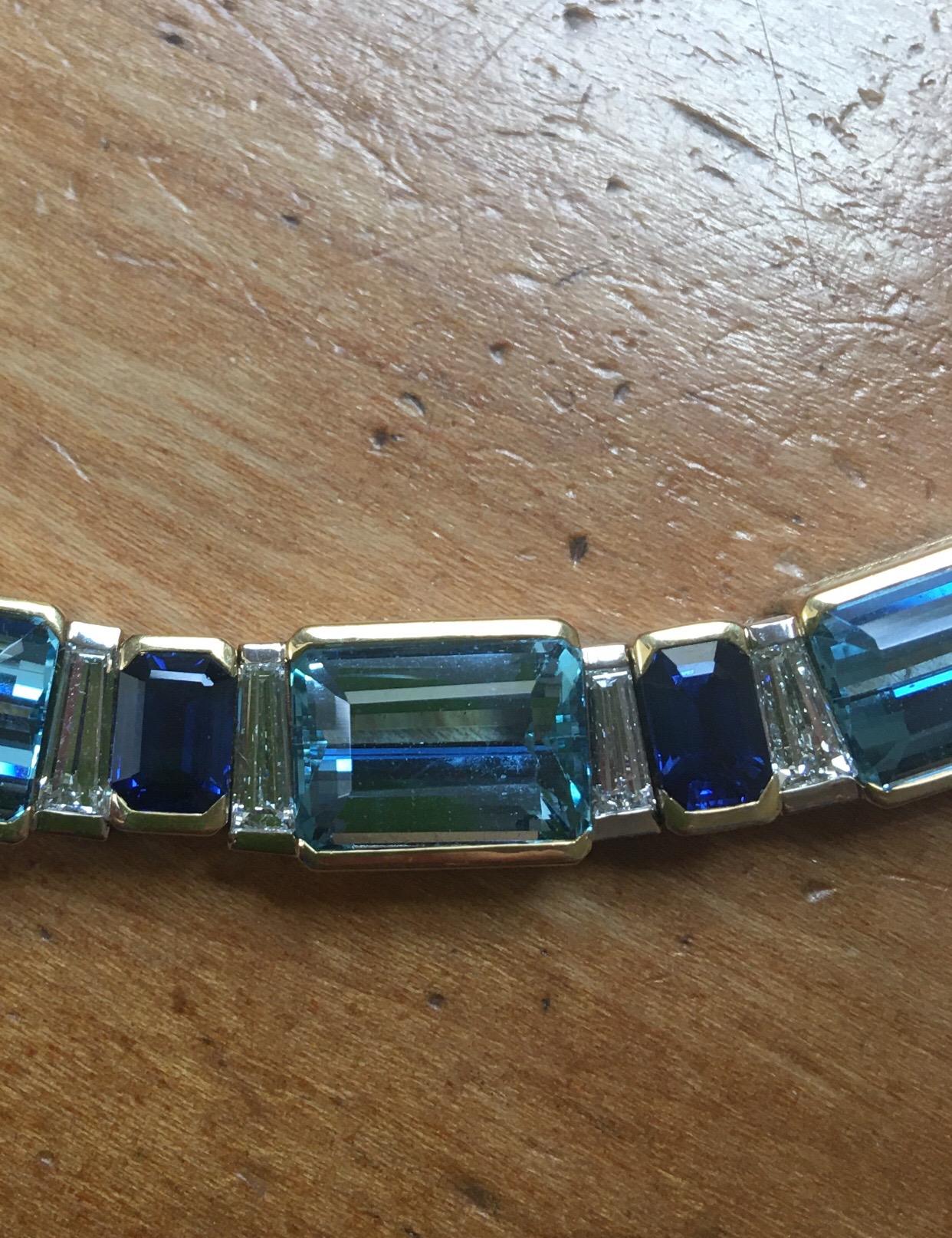 33 Karat insgesamt Aquamarin Saphir Diamant Halskette 1970 in 18 Karat Gelbgold im Angebot 5