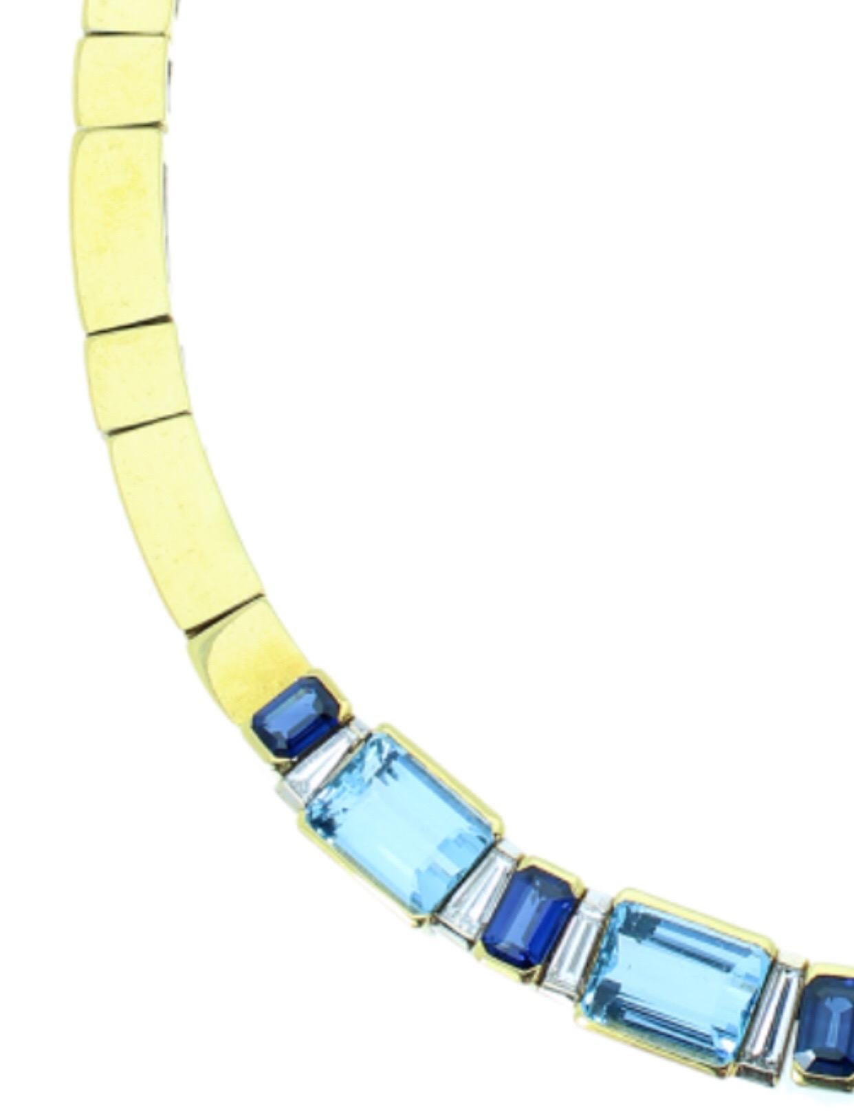 33 Karat insgesamt Aquamarin Saphir Diamant Halskette 1970 in 18 Karat Gelbgold (Retro) im Angebot