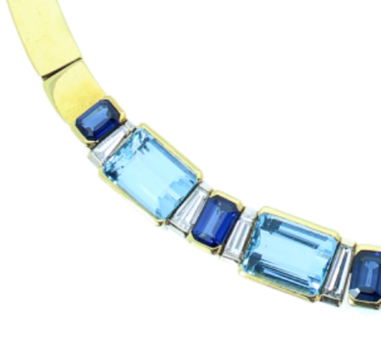 33 Karat insgesamt Aquamarin Saphir Diamant Halskette 1970 in 18 Karat Gelbgold (Smaragdschliff) im Angebot