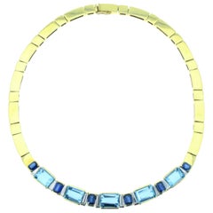 33 Carat Total Aquamarine Sapphire Diamond Necklace 1970 in 18 Karat Yellow Gold