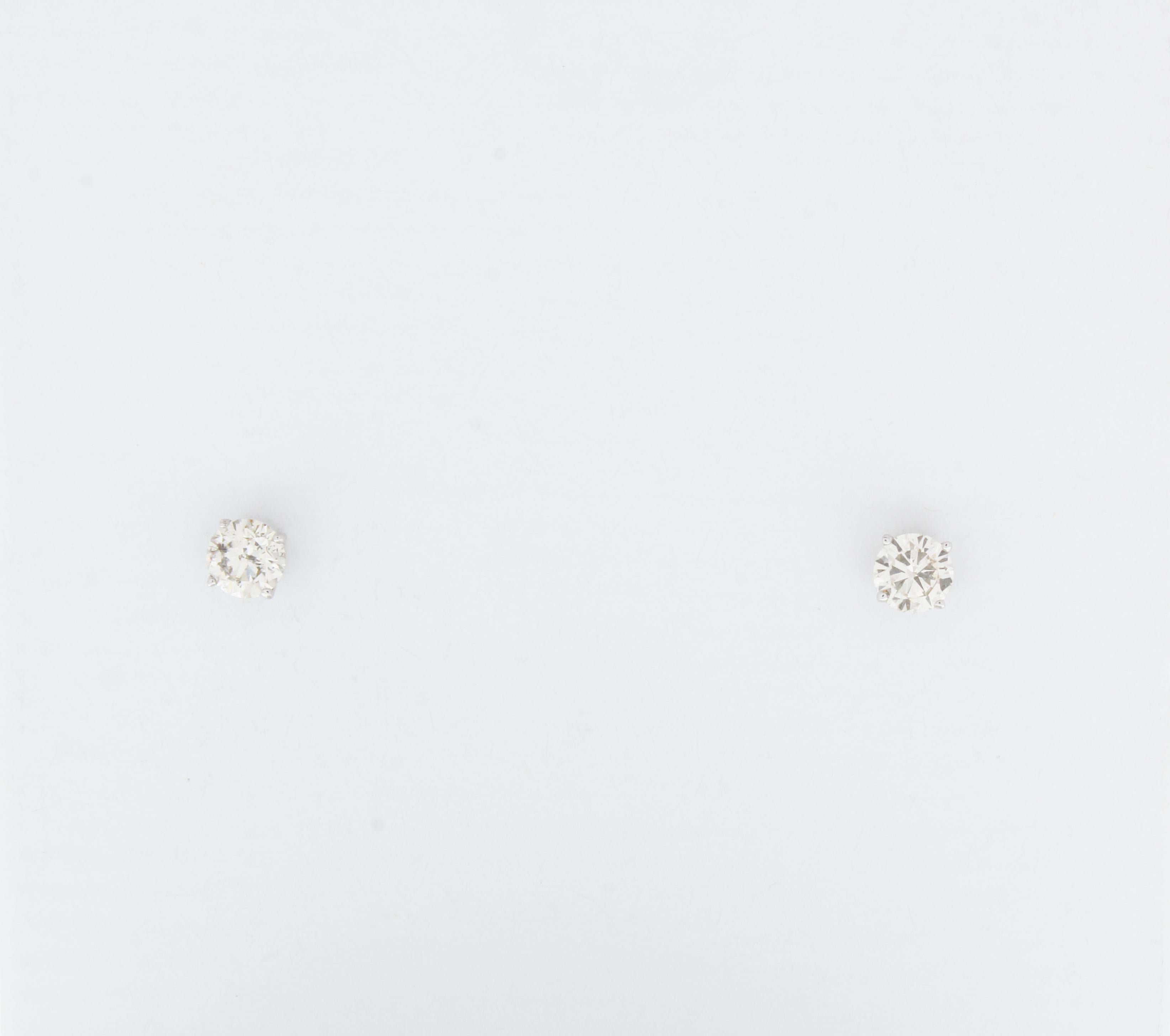 Round Cut .33 Carat Total Diamond Three Prong Stud Earrings in 14k Yellow Gold For Sale