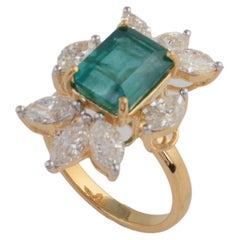 3.3 Carat Zambian Emerald Cocktail Ring 2.5 Ct SI/H Marquise Diamond Yellow Gold