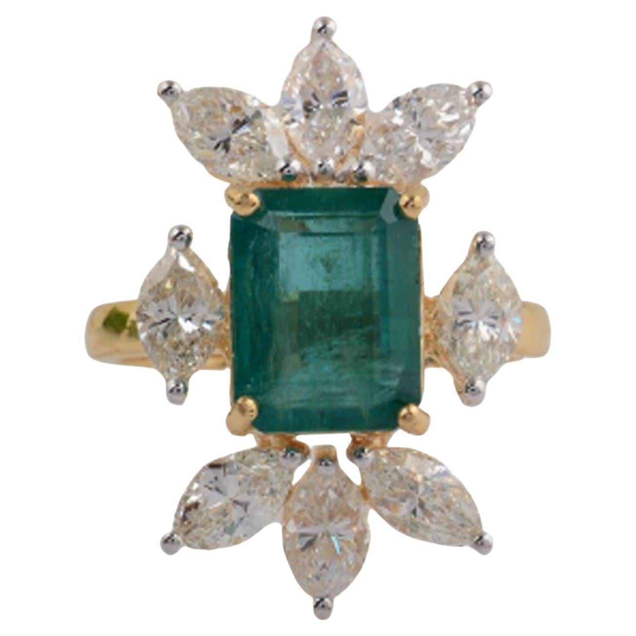 3.3 Carat Zambian Emerald Cocktail Ring 2.5 Ct SI/H Marquise Diamond Yellow Gold