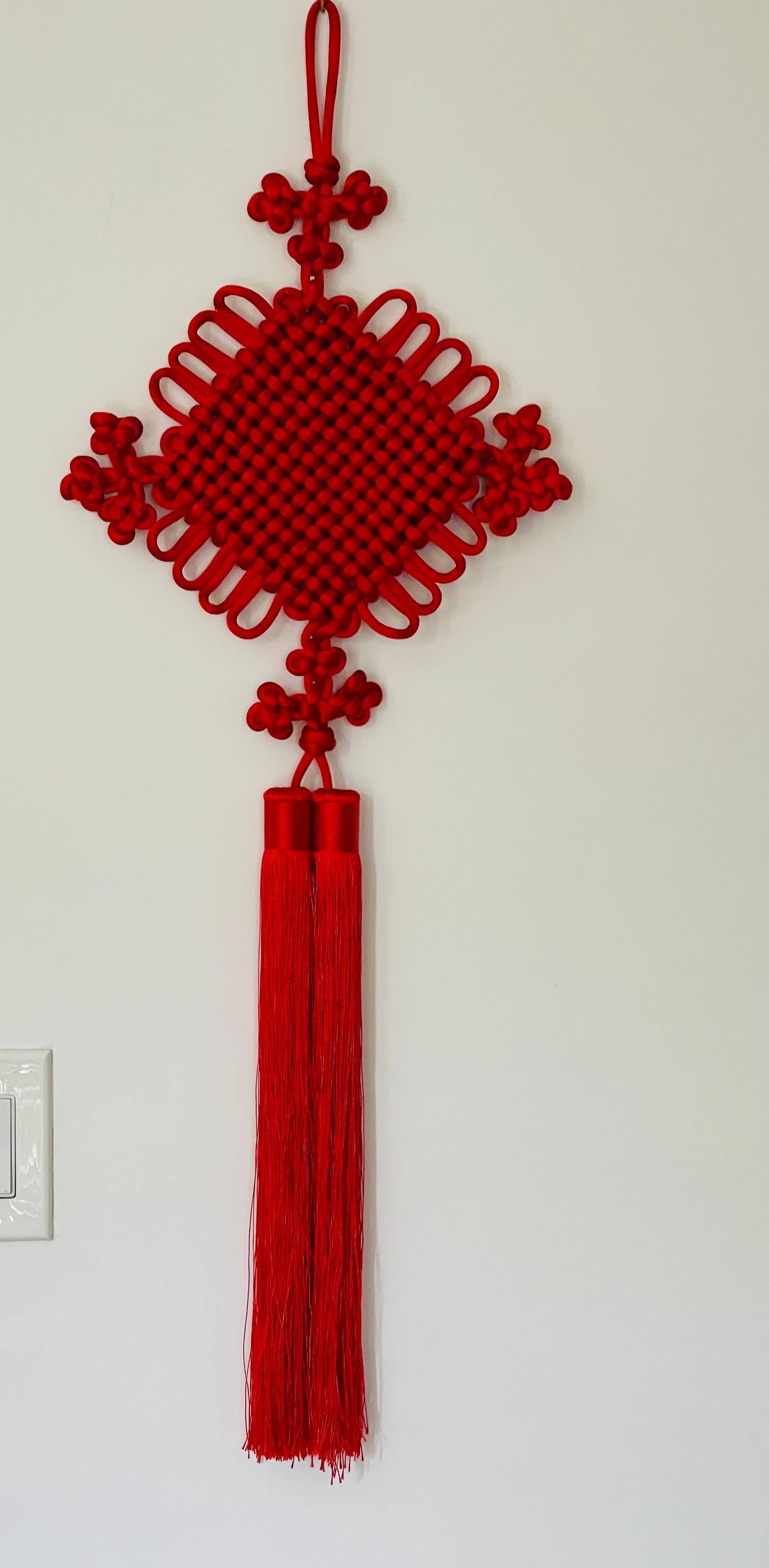 Vintage Chinese 34” large red silk handmade macrame longevity symbol with tassels. Great Wall decor piece.