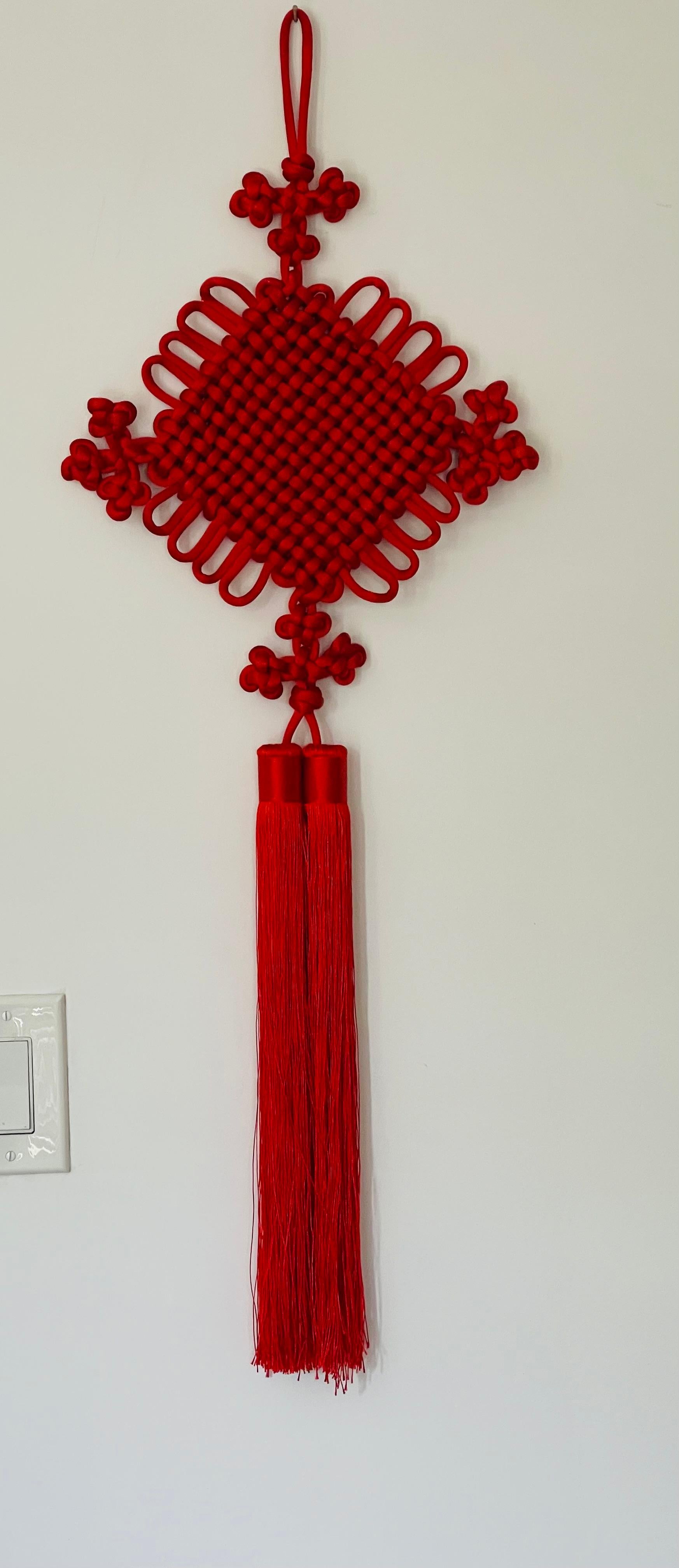 Chinese Chippendale 33” Chinese Red Silk Macrame Longevity Symbol For Sale