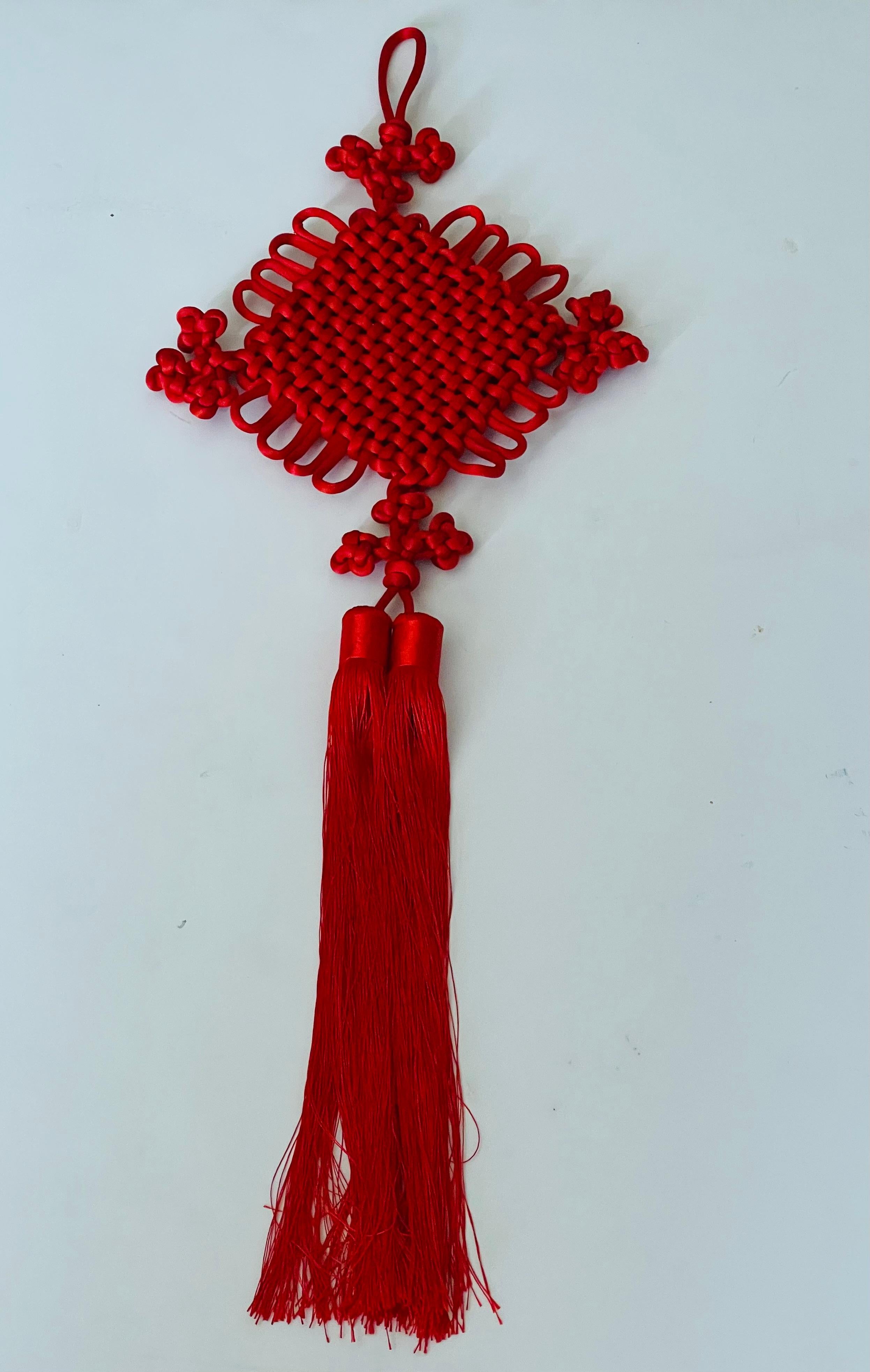 33” Chinese Red Silk Macrame Longevity Symbol In Good Condition For Sale In Boca Raton, FL