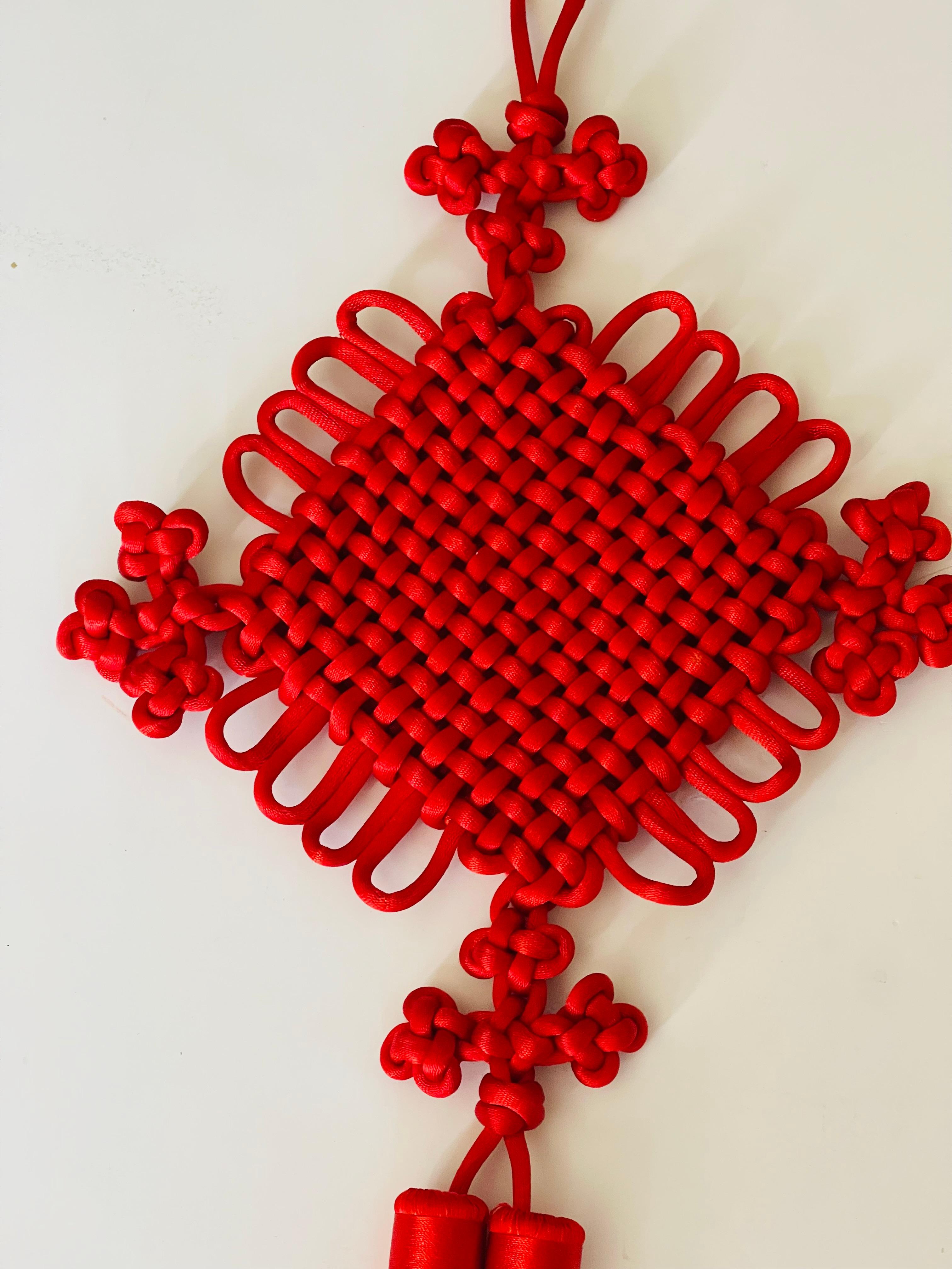 Mid-20th Century 33” Chinese Red Silk Macrame Longevity Symbol For Sale