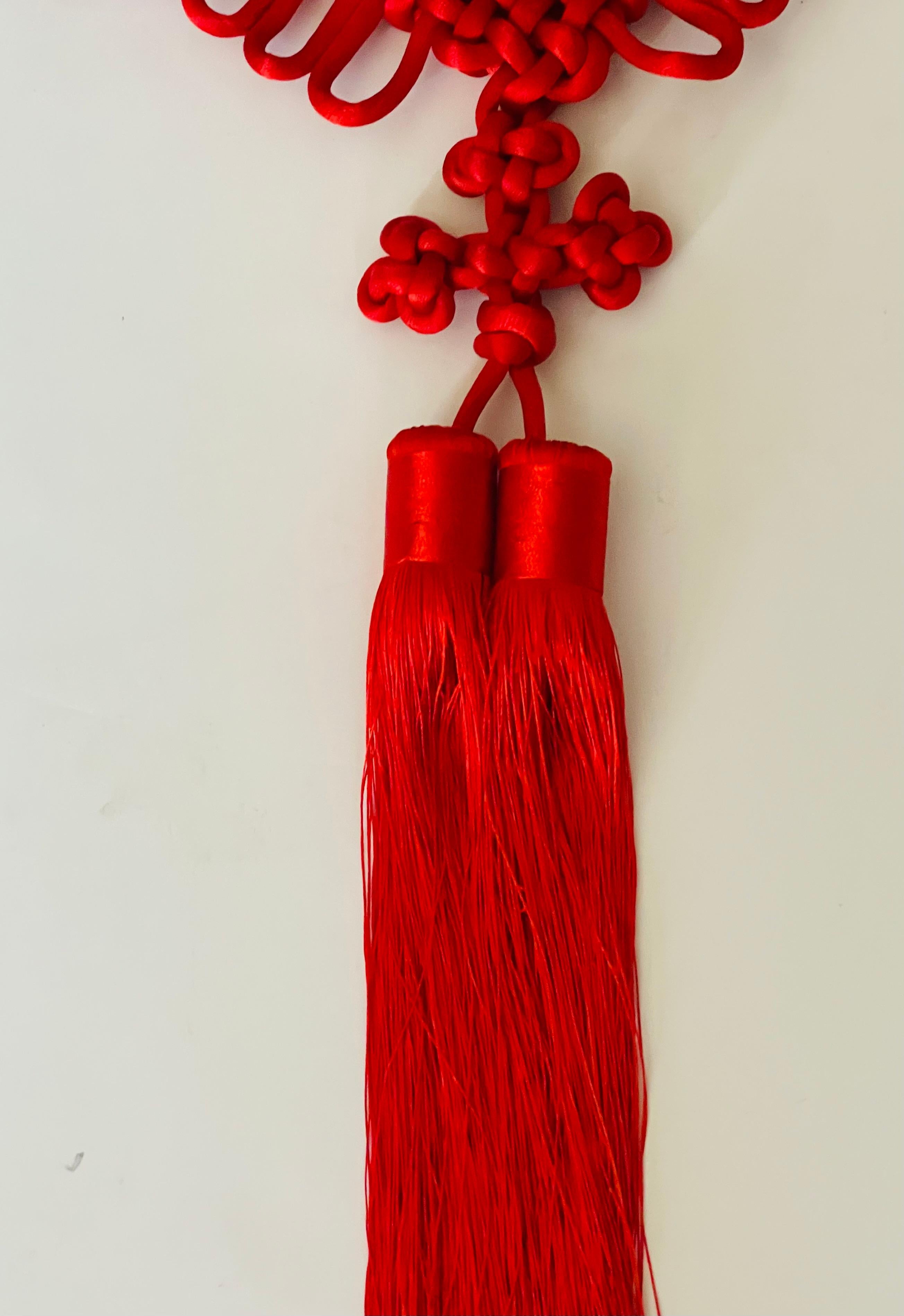 33” Chinese Red Silk Macrame Longevity Symbol For Sale 1