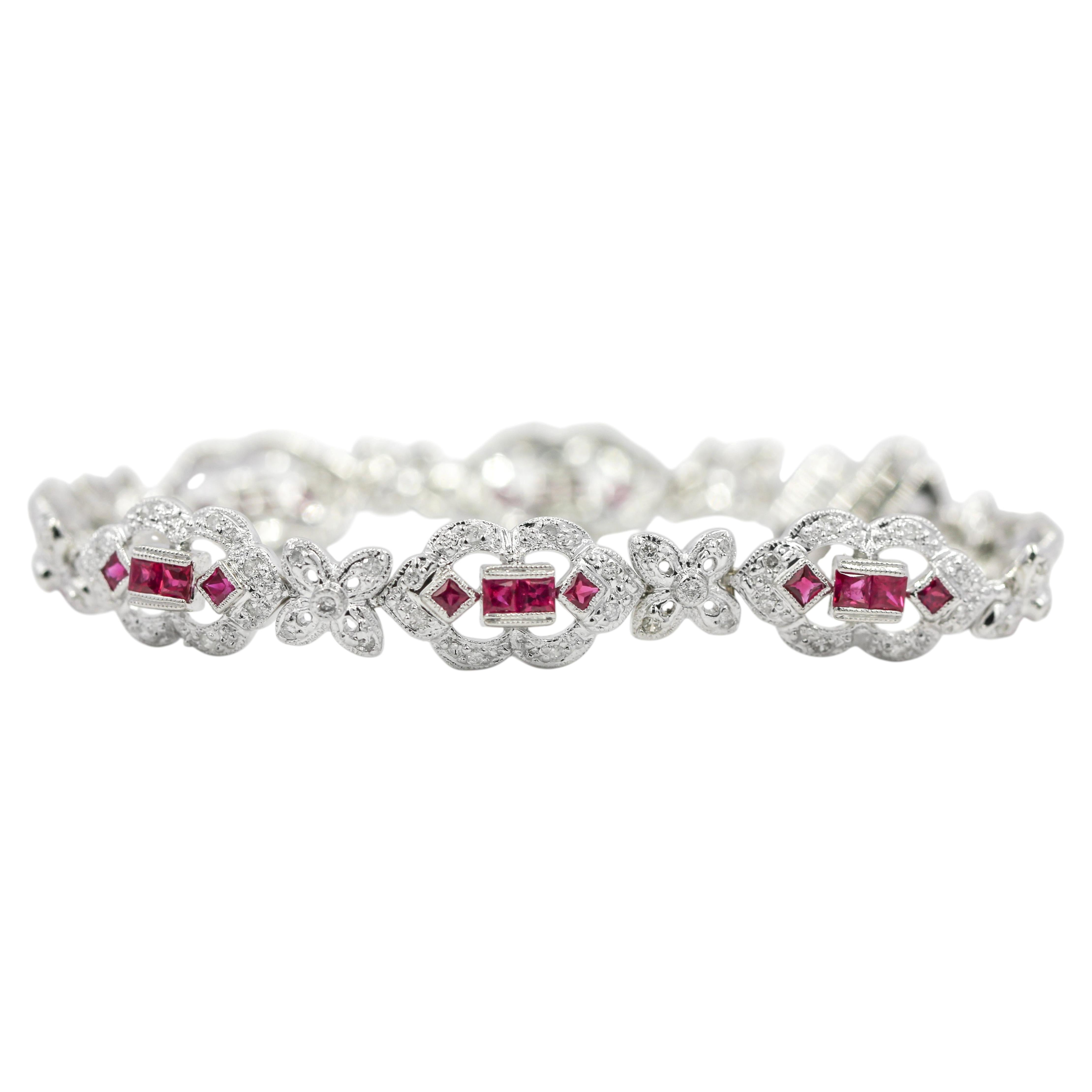3.3 CT Natural Ruby & Diamond 14K White Gold Tennis Bracelet Art Deco 7 In