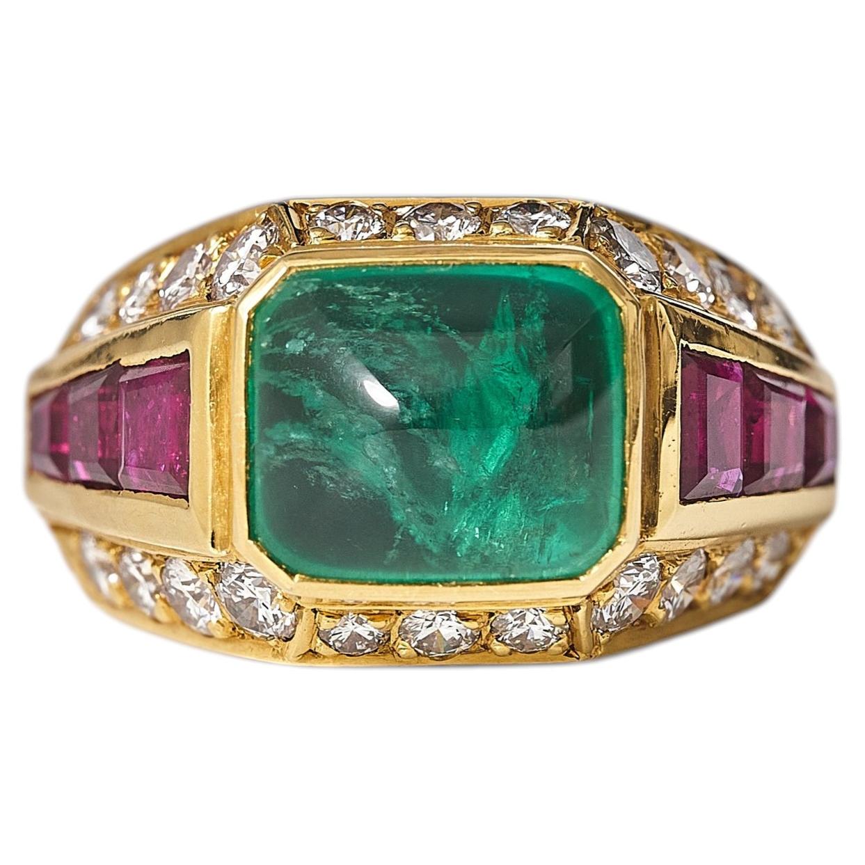 3.3 ct Sugarloaf Emerald , Ruby and Diamond 18kt Gold Cocktail Ring.