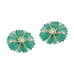 33 Cts. Carved Floral Jade Earrings with Diamonds, 14k Gold