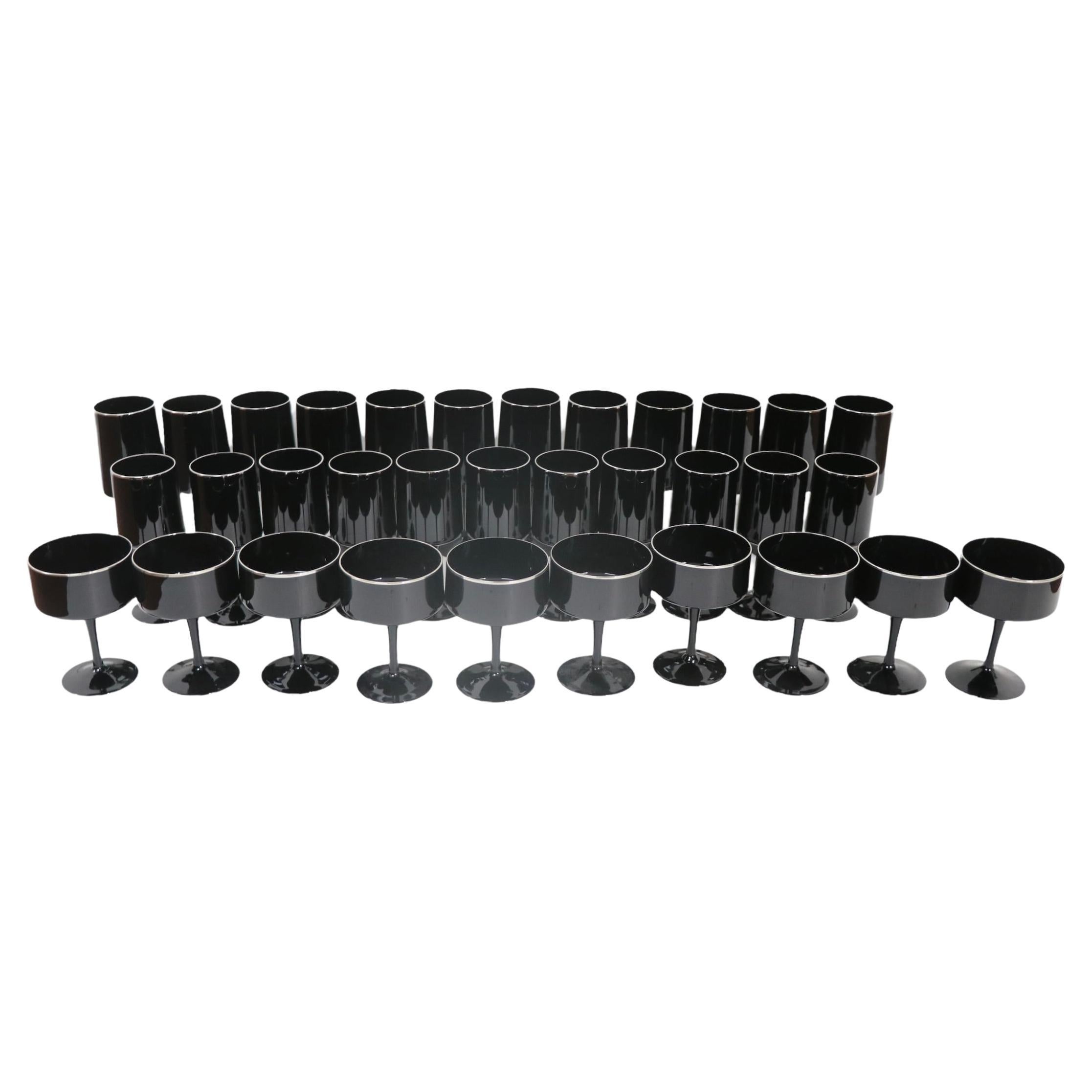 33 Pc. Set of  Lenox Venture Stemware in Black with Platinum Trim Ca 1970's For Sale