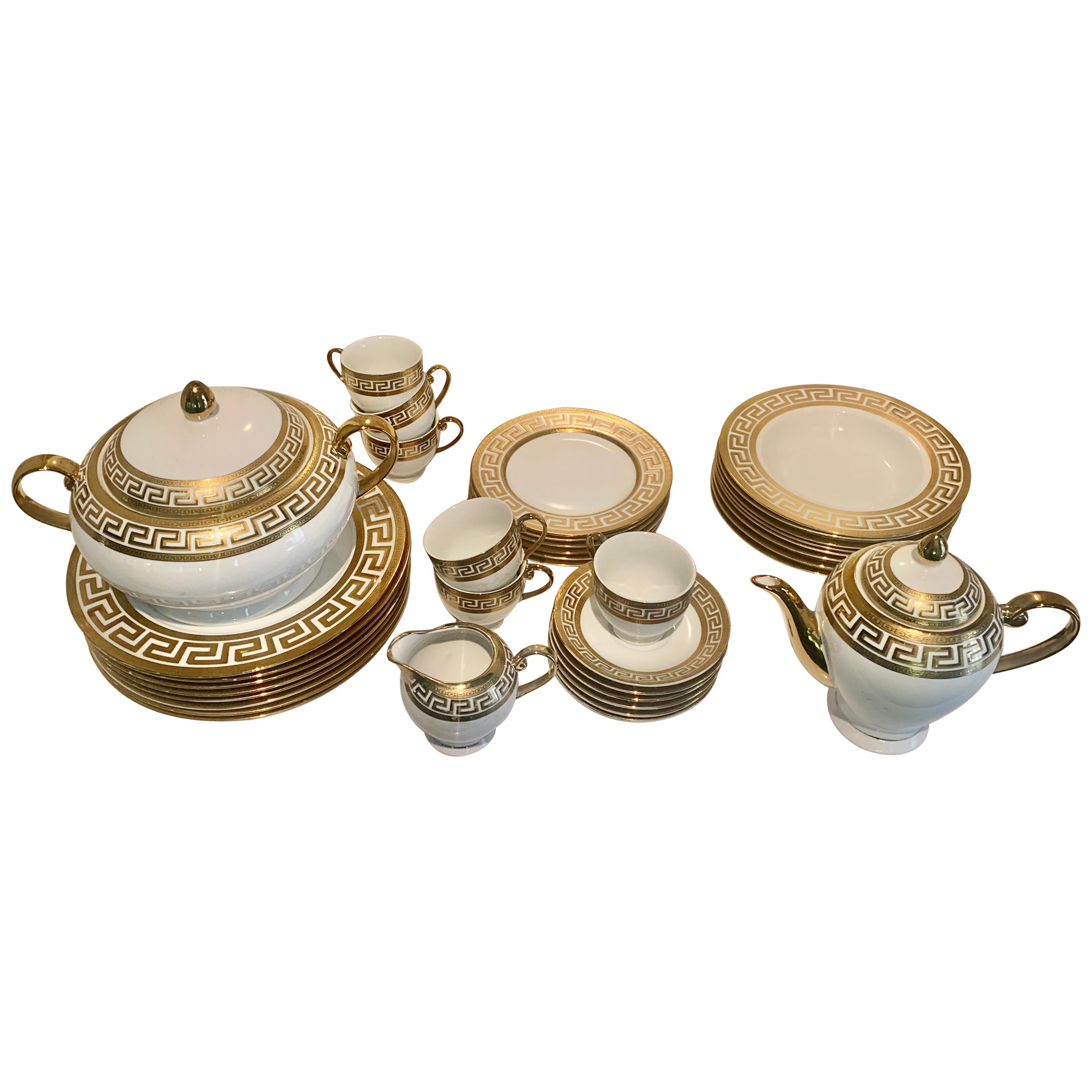 33 Piece German Porcelain and Gold Greek Key Dinnerware in the Manner of Versace For Sale