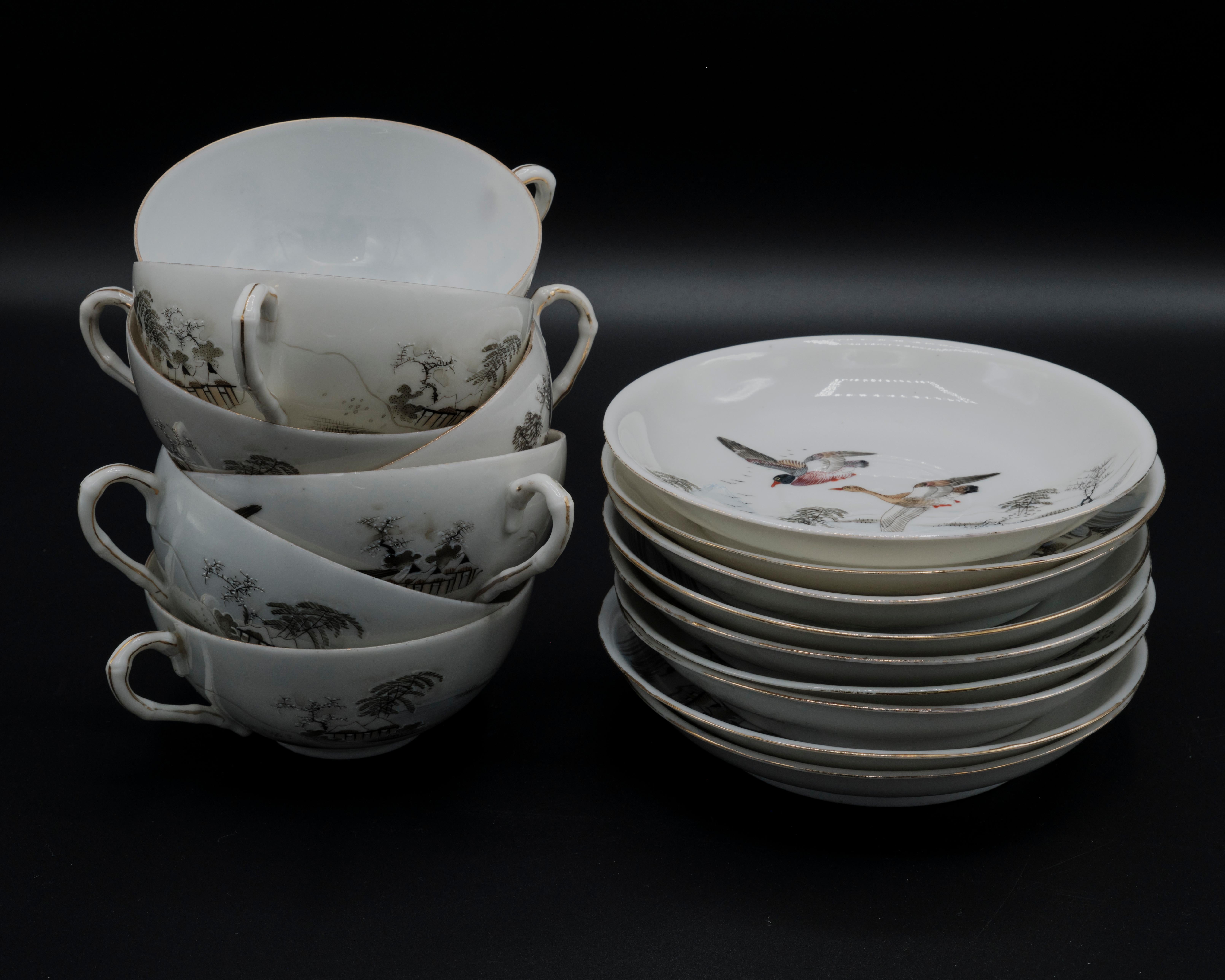 33 Piece Japanese Hand Painted Porcelain Tea Set Signed In Good Condition For Sale In San Francisco, CA