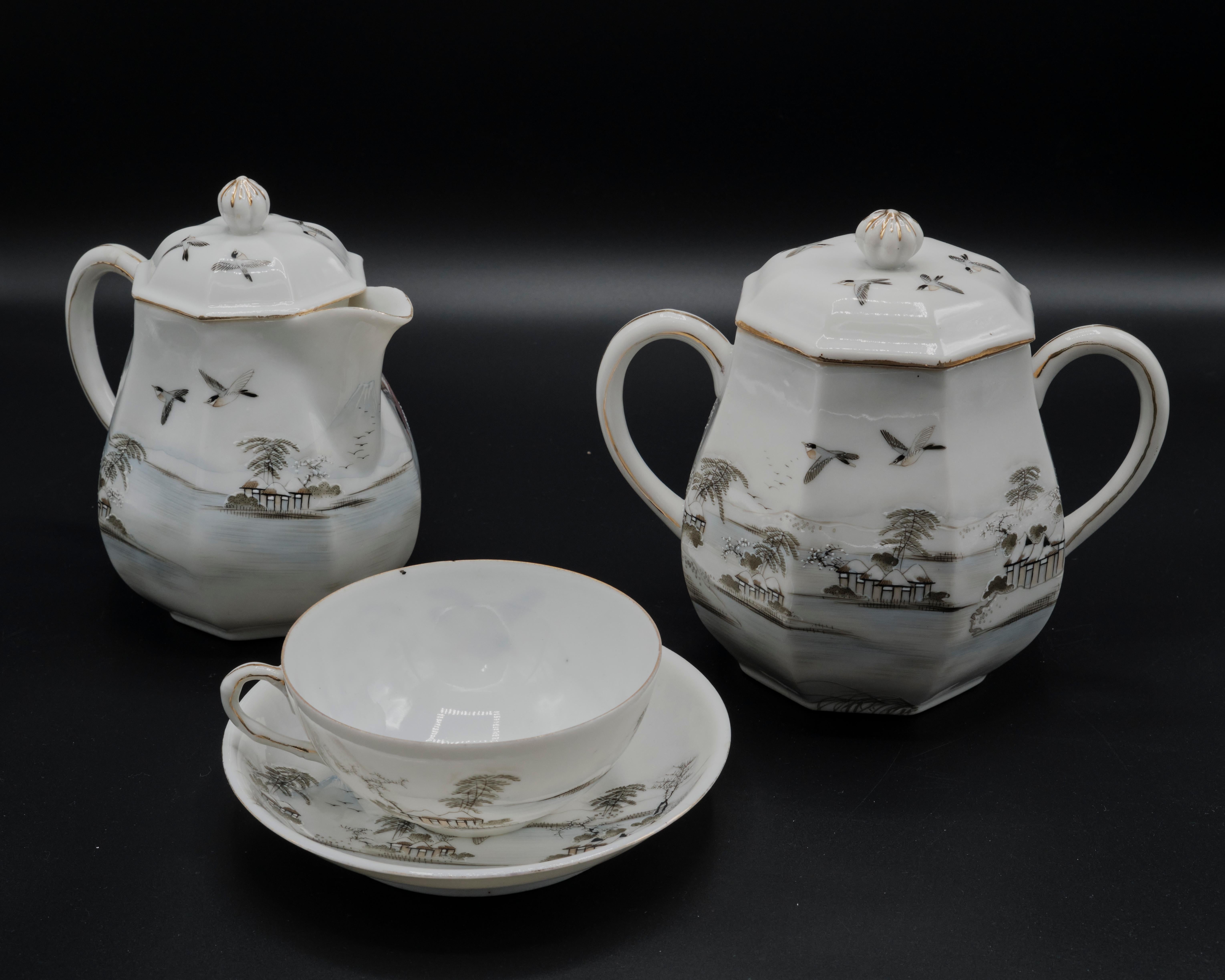 33 Piece Japanese Hand Painted Porcelain Tea Set Signed For Sale 1
