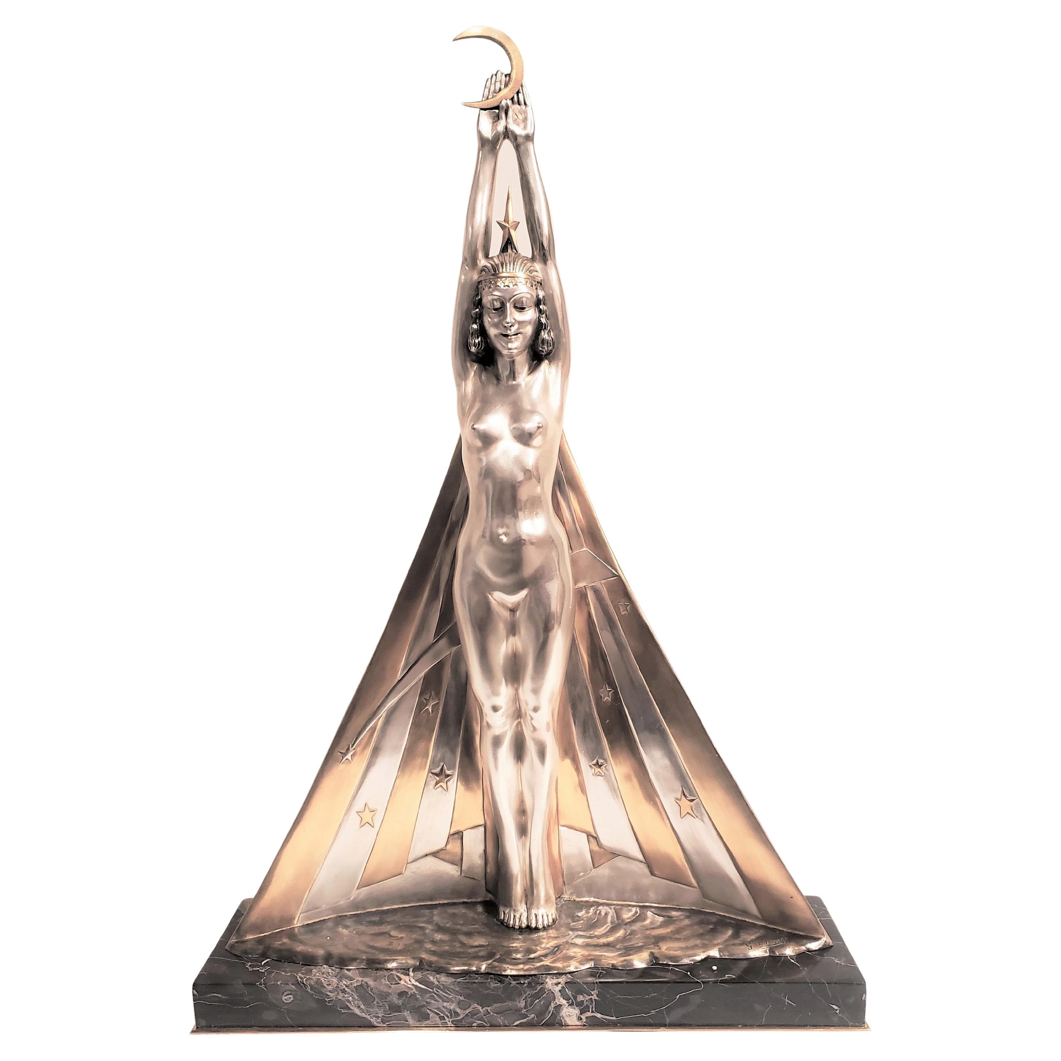 An exceptionally large and rare French Art Deco original bronze sculpture circa 1927 by a well known artist Georges Lavaroff (1895-1991)
 It's quite uncommon to find this very large size and notably featuring the silver and parcel gilt finish.
The